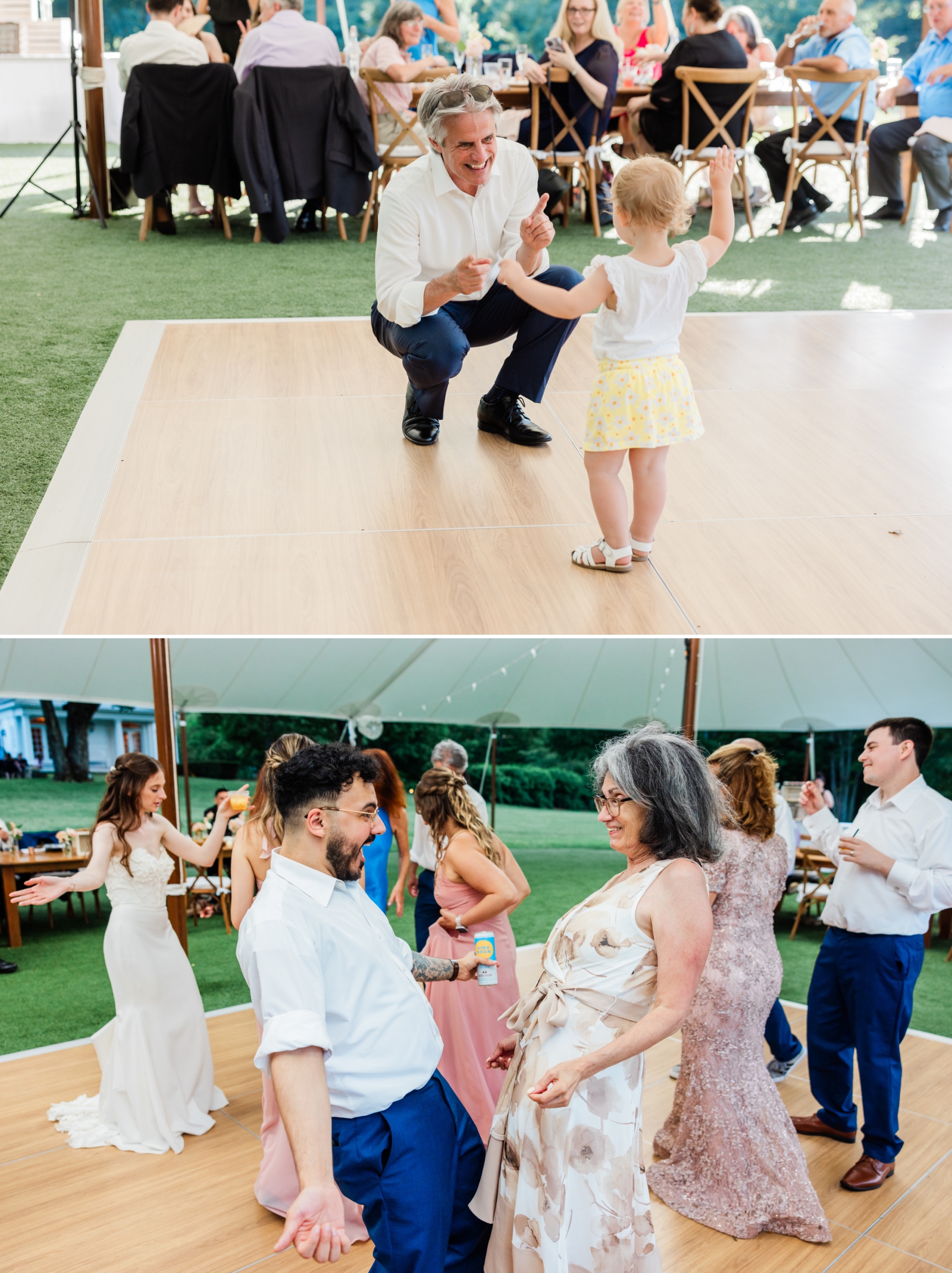 An old man holds out his arms for a baby walking across the dance floor at a wedding reception