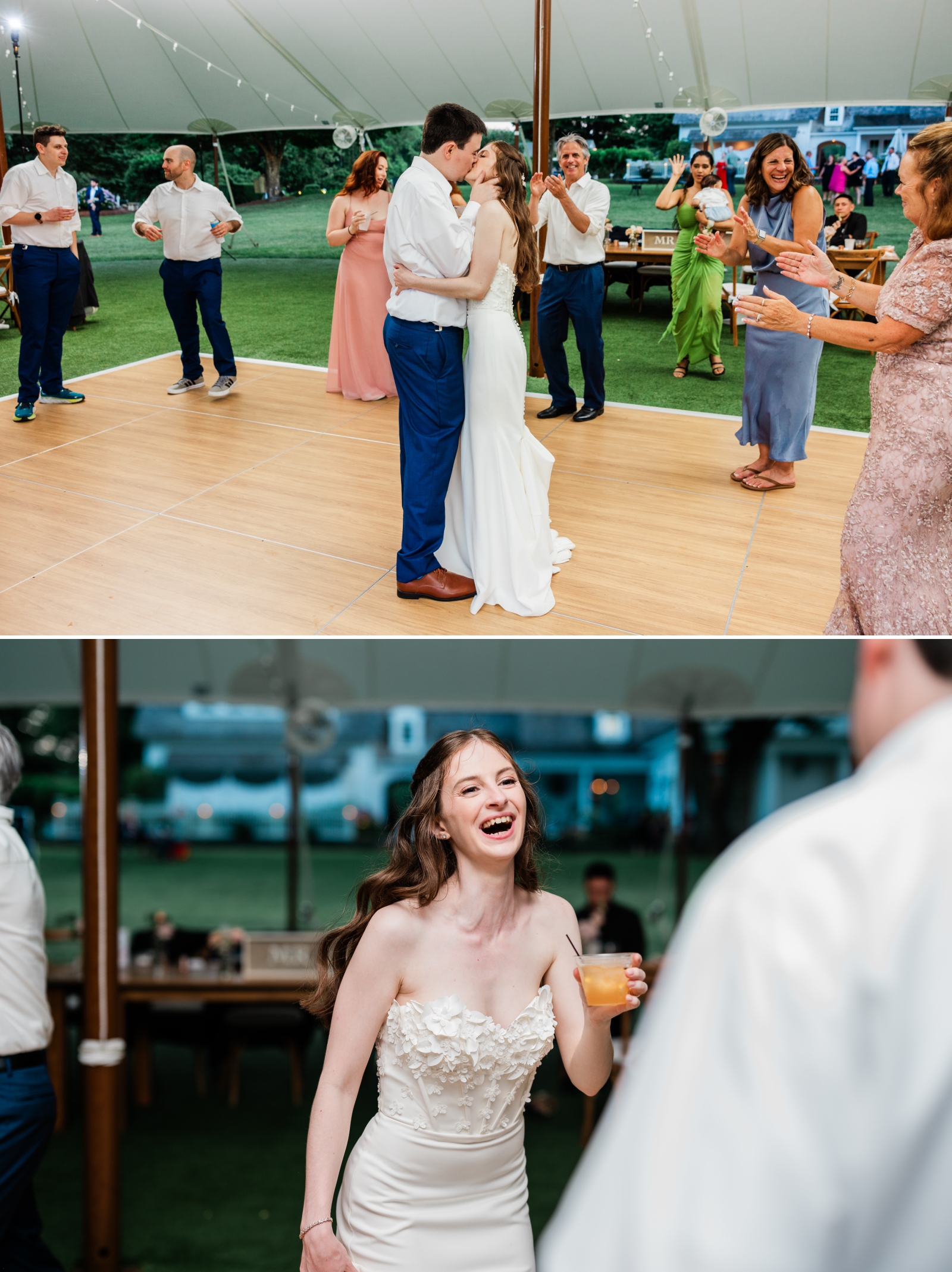 The bride and groom dance surrounded by their guests