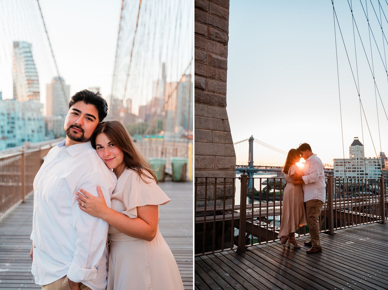 A couple poses for engagement photos while the sun rises over the Brooklyn Bridge