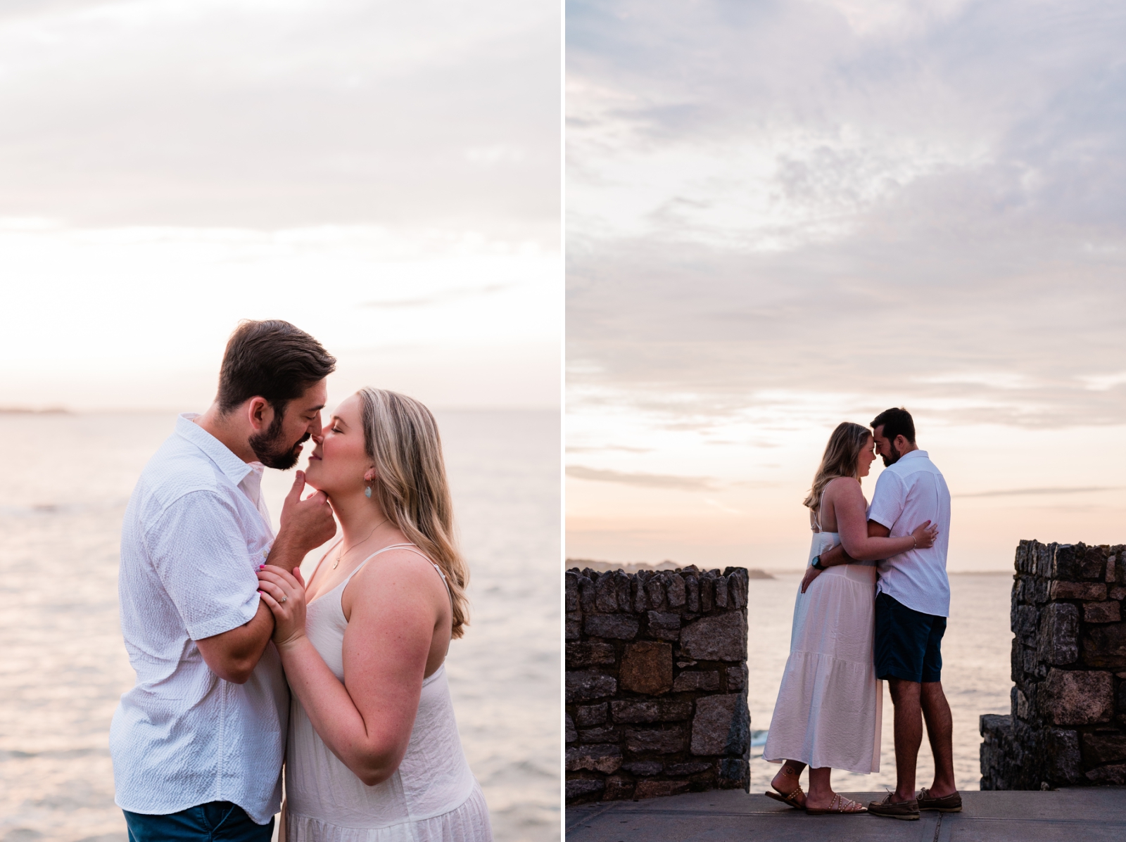 A couple stands on the Newport Cliff Walk during sunrise 