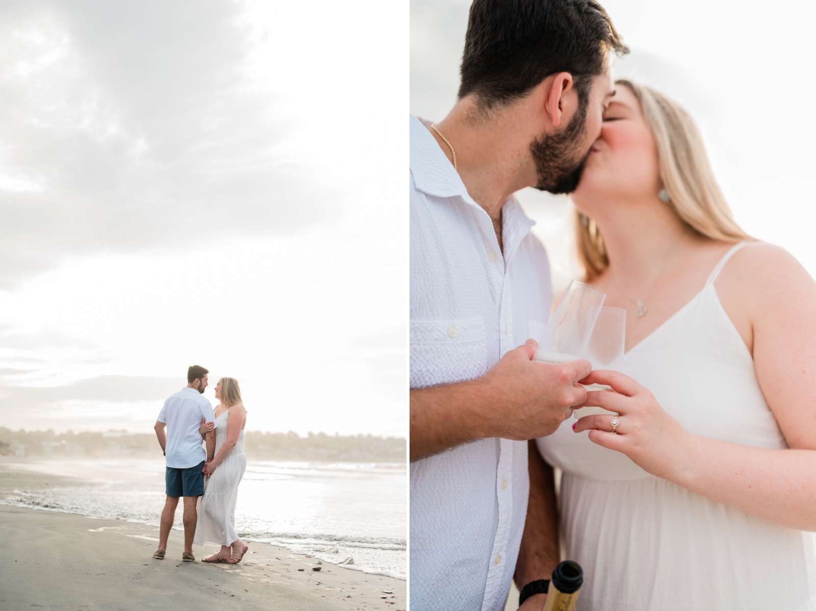 A couple in white holds champagne flutes on the beach in Newport, Rhode Island
