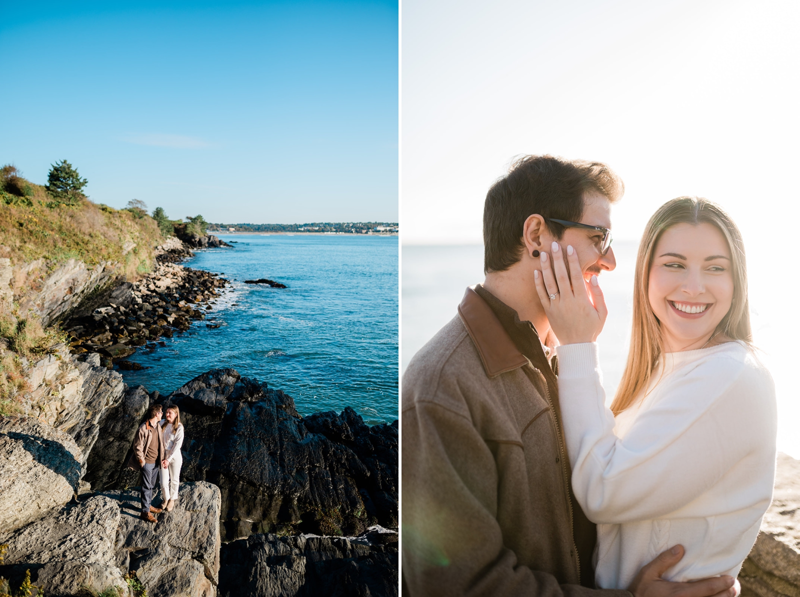 A man in a brown jacket and a woman in a white sweater stand along the Newport Cliff Walk
