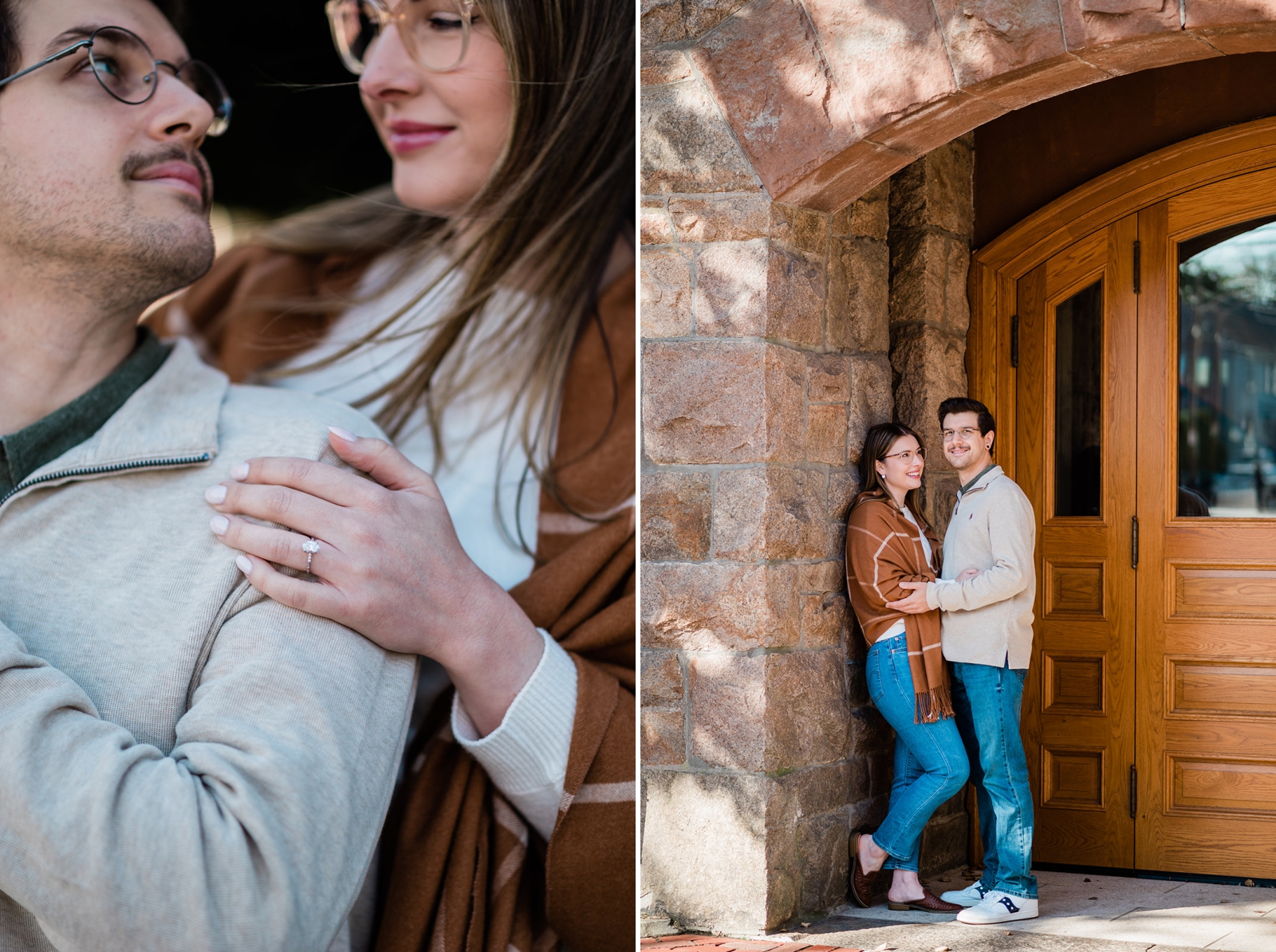 A couple walks around Newport, Rhode Island in fall
