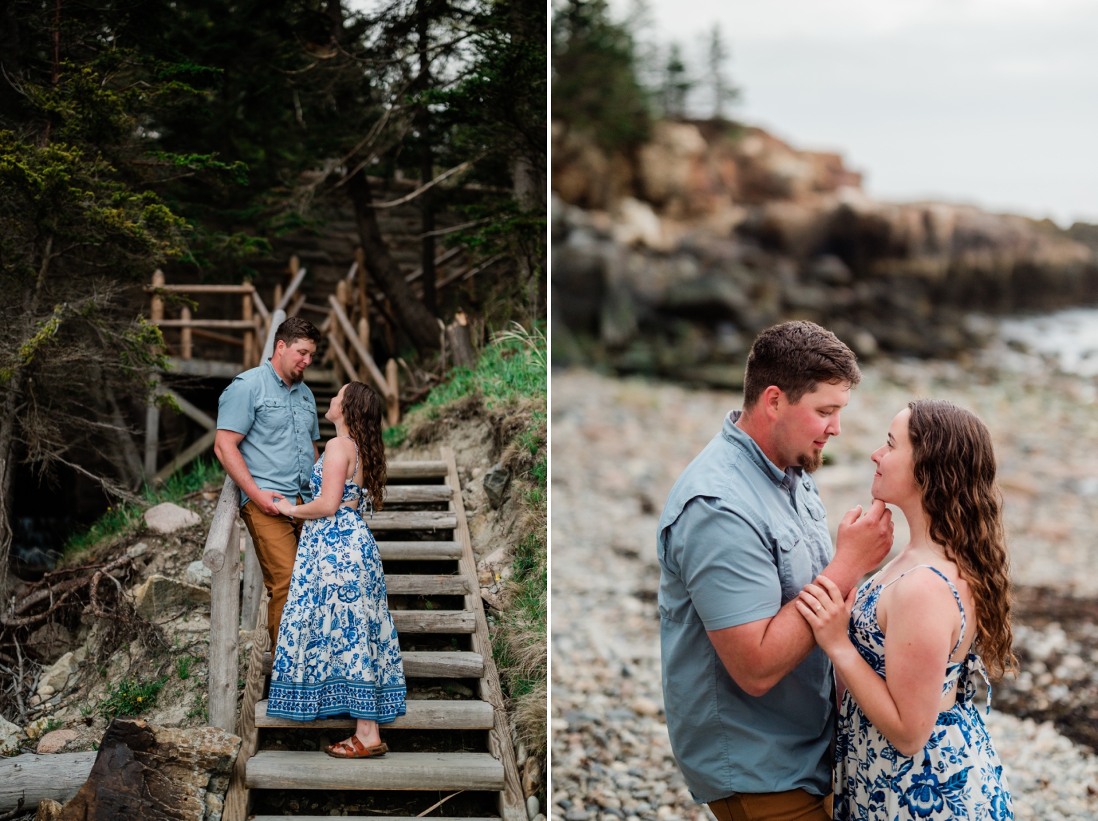 A man and woman embrace on the rocky shore of Acadia National Park 