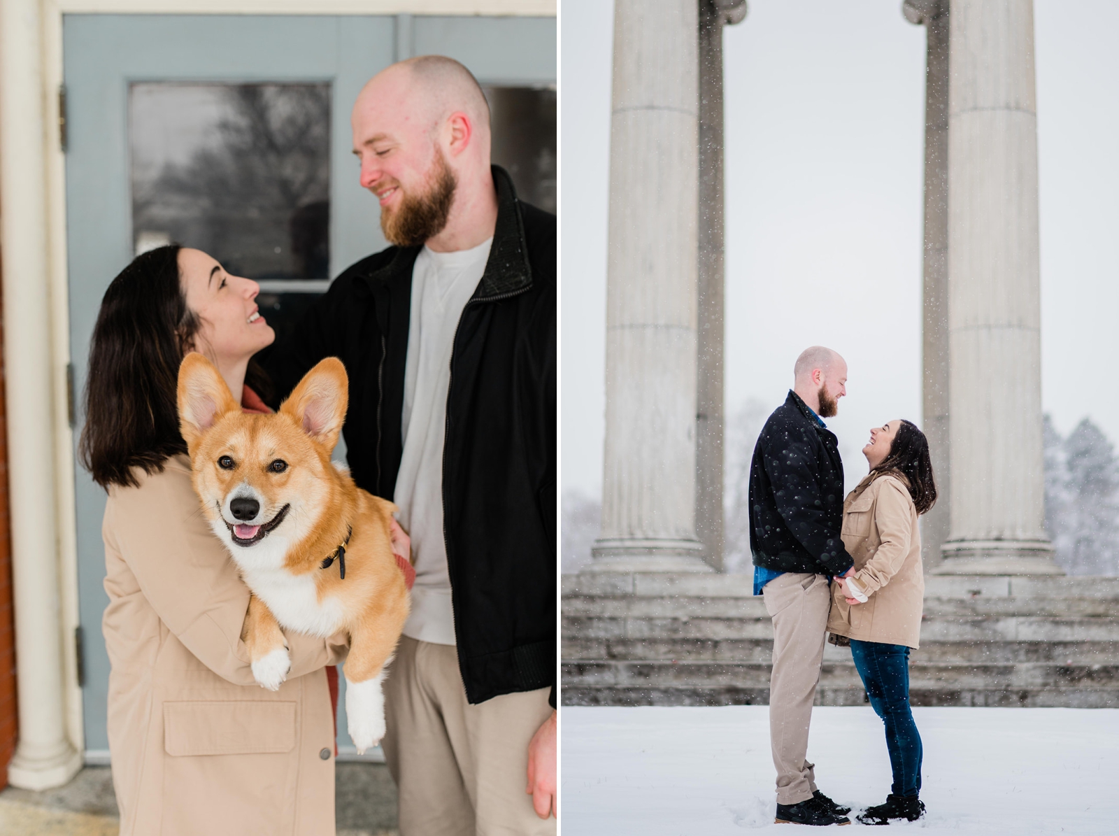 A couple holds their corgi while it snows at Roger Williams Park