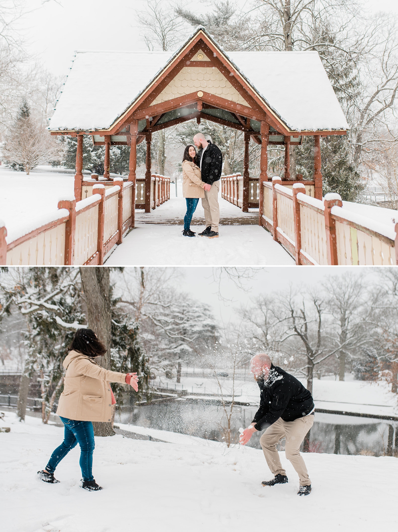 A couple has a snowball fight by the pavilion at Roger Williams Park in Providence, Rhode Island