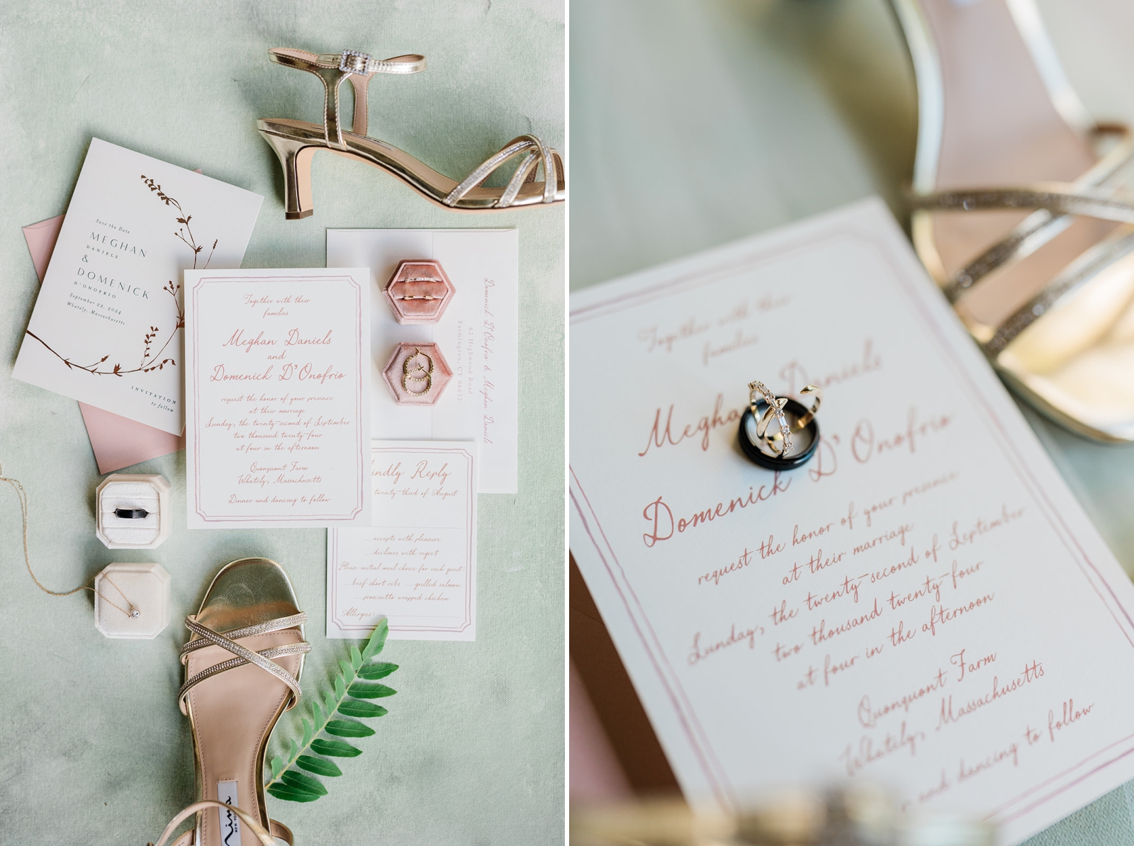 A stationery flay-lay of white and pastel pink invitations and gold strappy heels