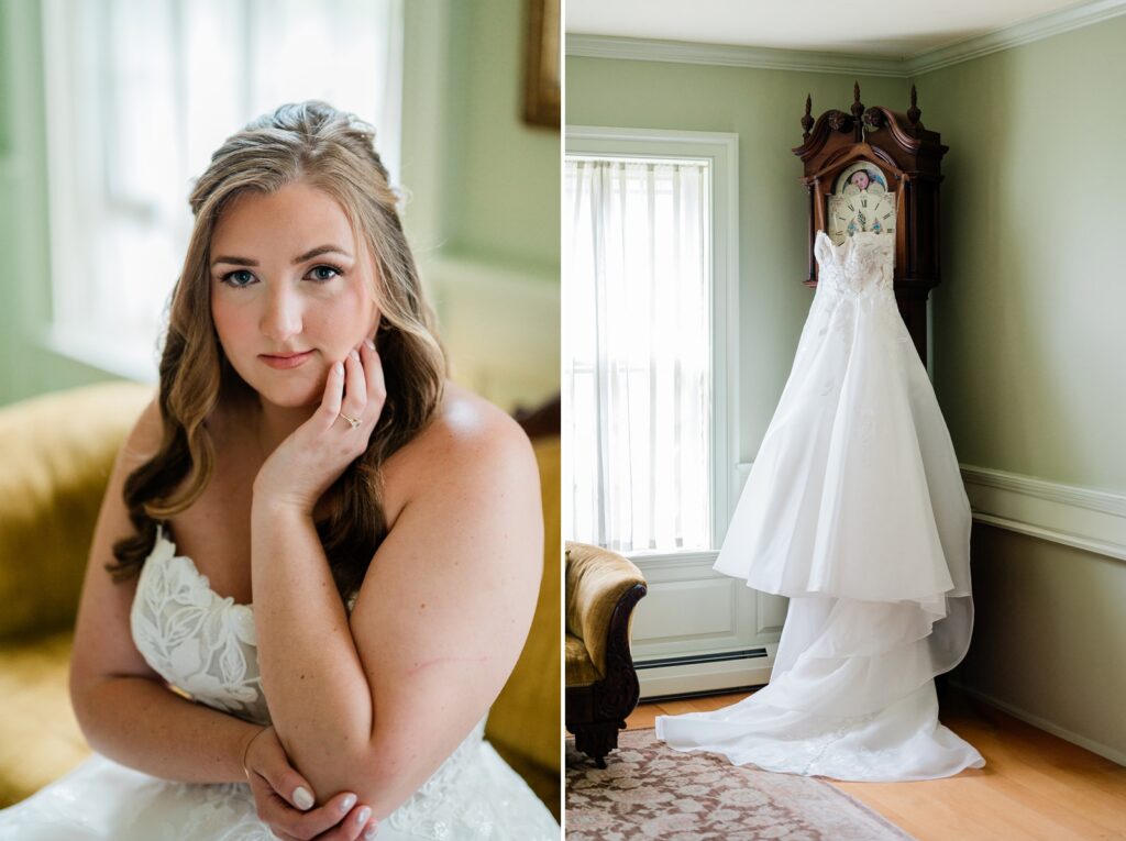 A bride in a strapless white gown with floral applique 