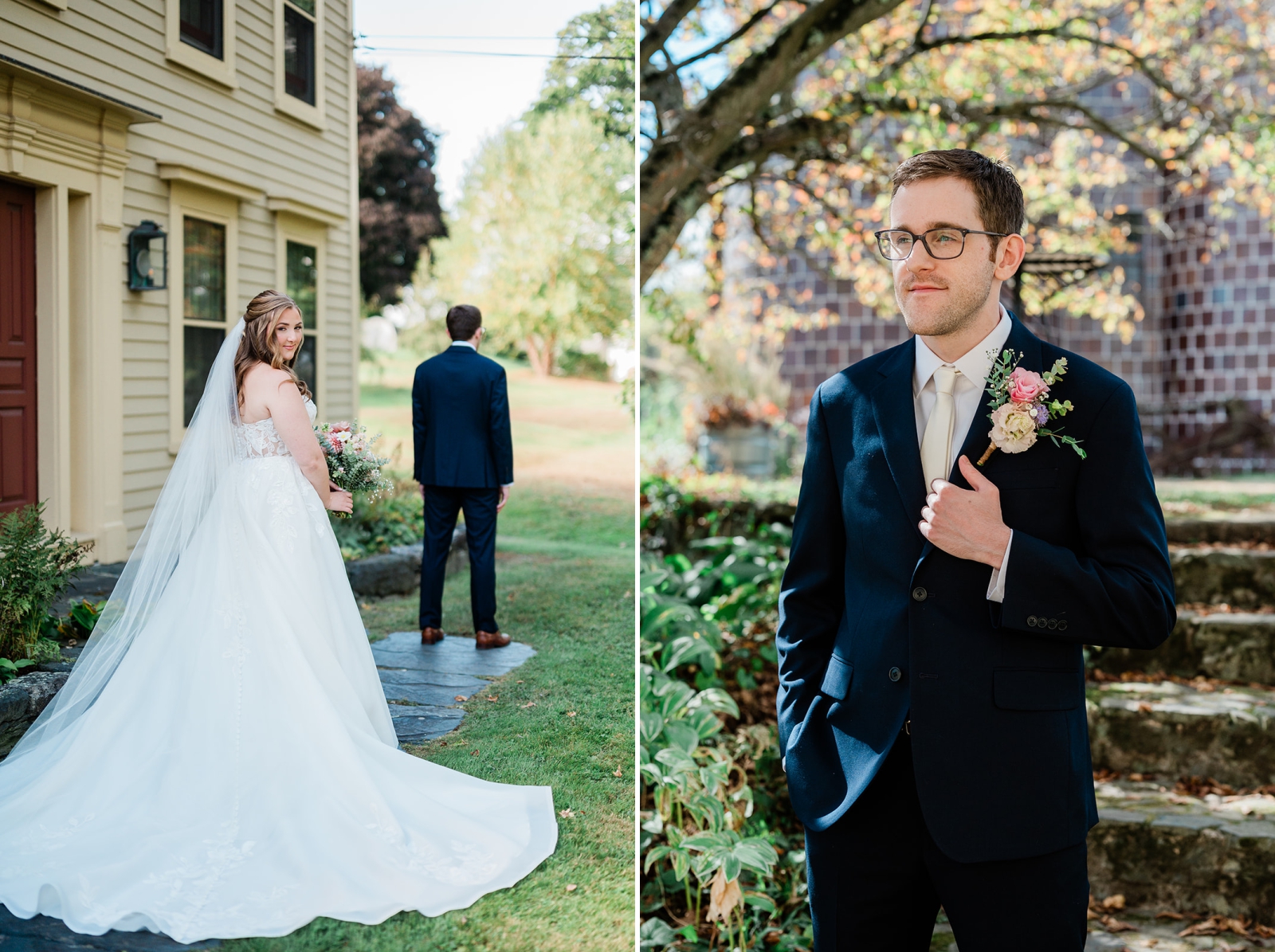 The first look between a bride and groom at Quonquont Farm 