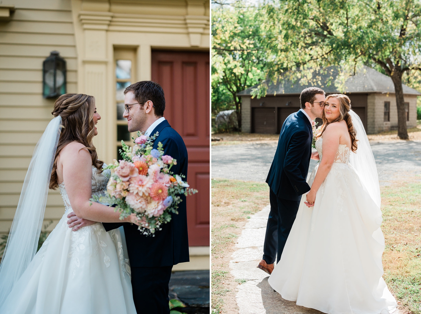 A bride and groom smile at each other during their first look