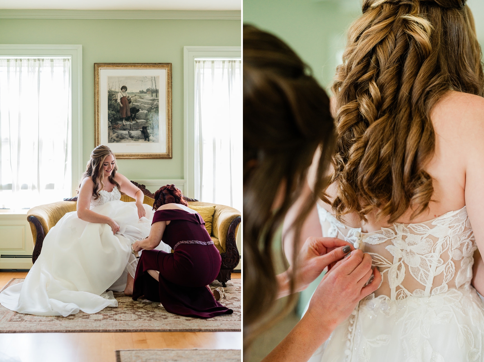 The mother of the bride helps button the back of the bride's dress