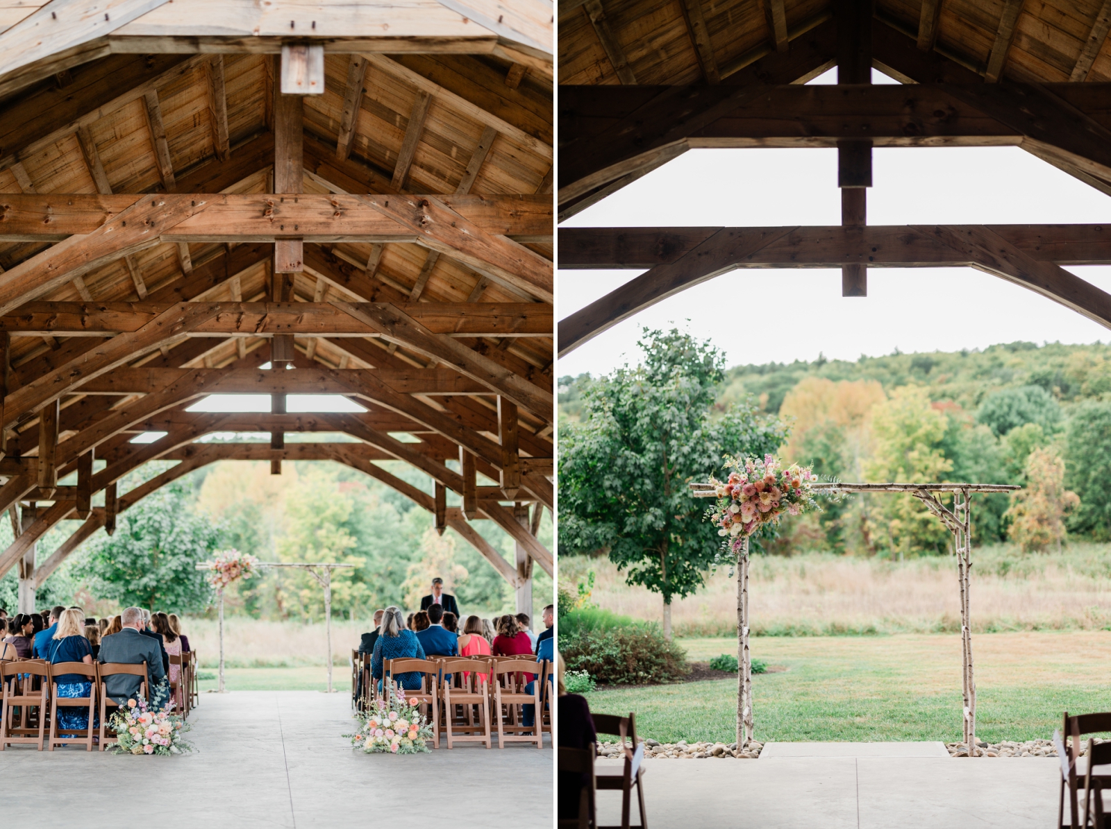 The timber frame pavilion at Quonquont Farm full of guests for a wedding ceremony