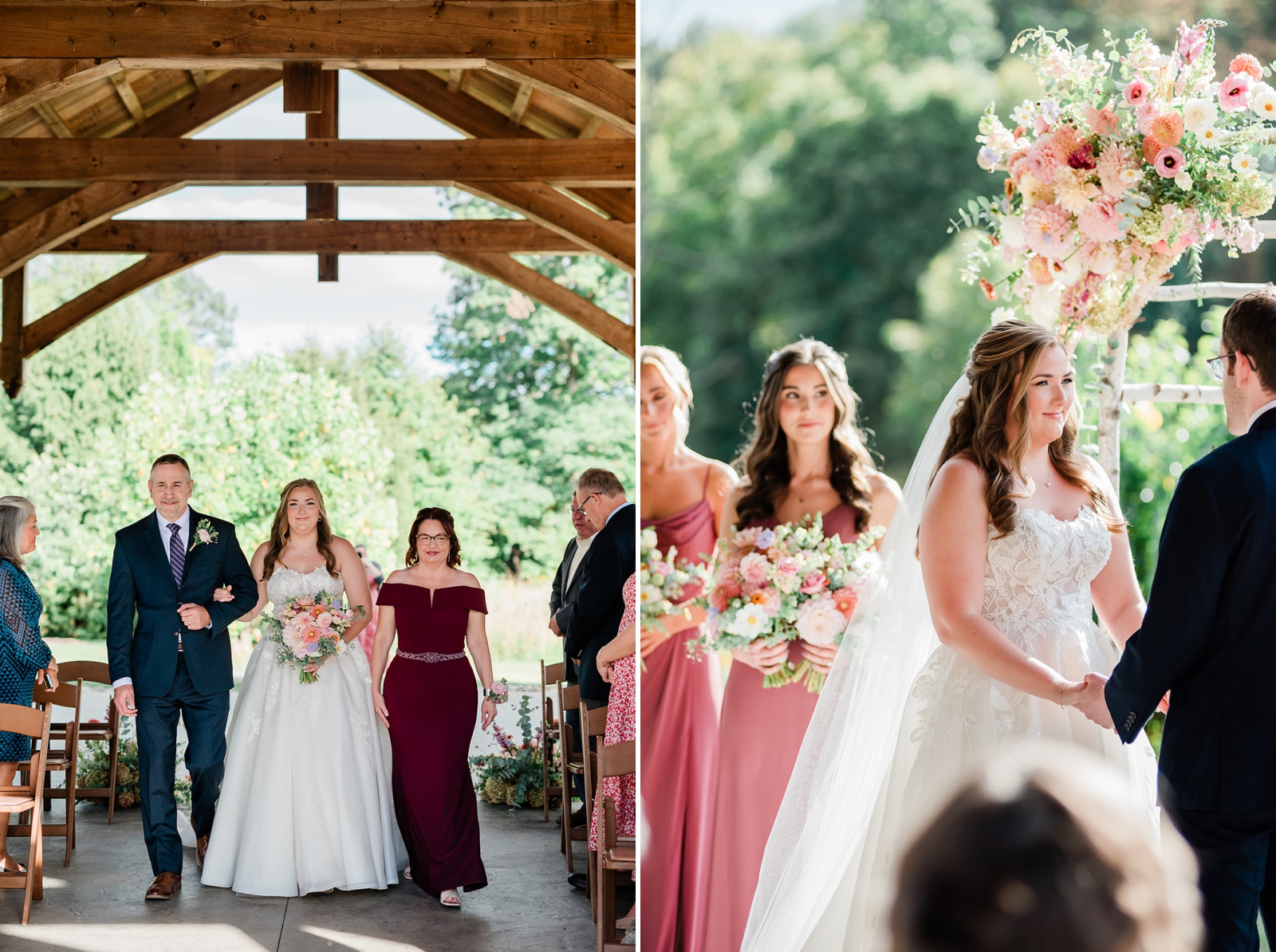 A bride walks down the aisle and joins hands with her husband to be