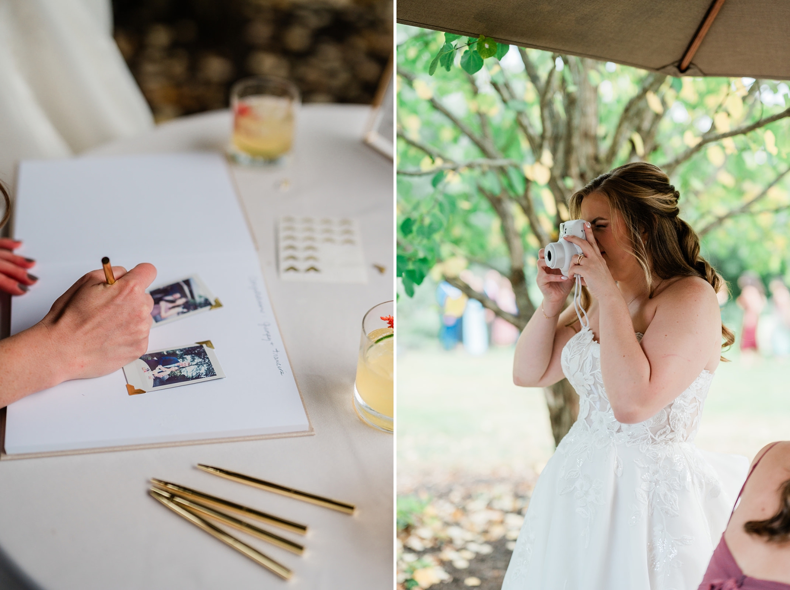 A bride takes a picture with a white polaroid camera 