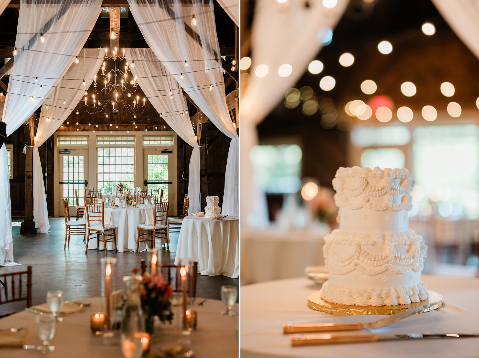 The Barn at Quonquont Farm is decorated with chandeliers, string lights, and white draping