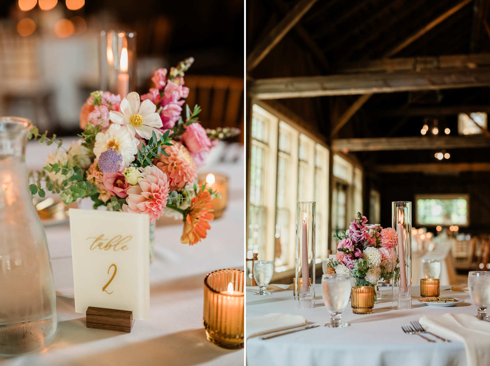 Gold table numbers with pastel floral arrangements