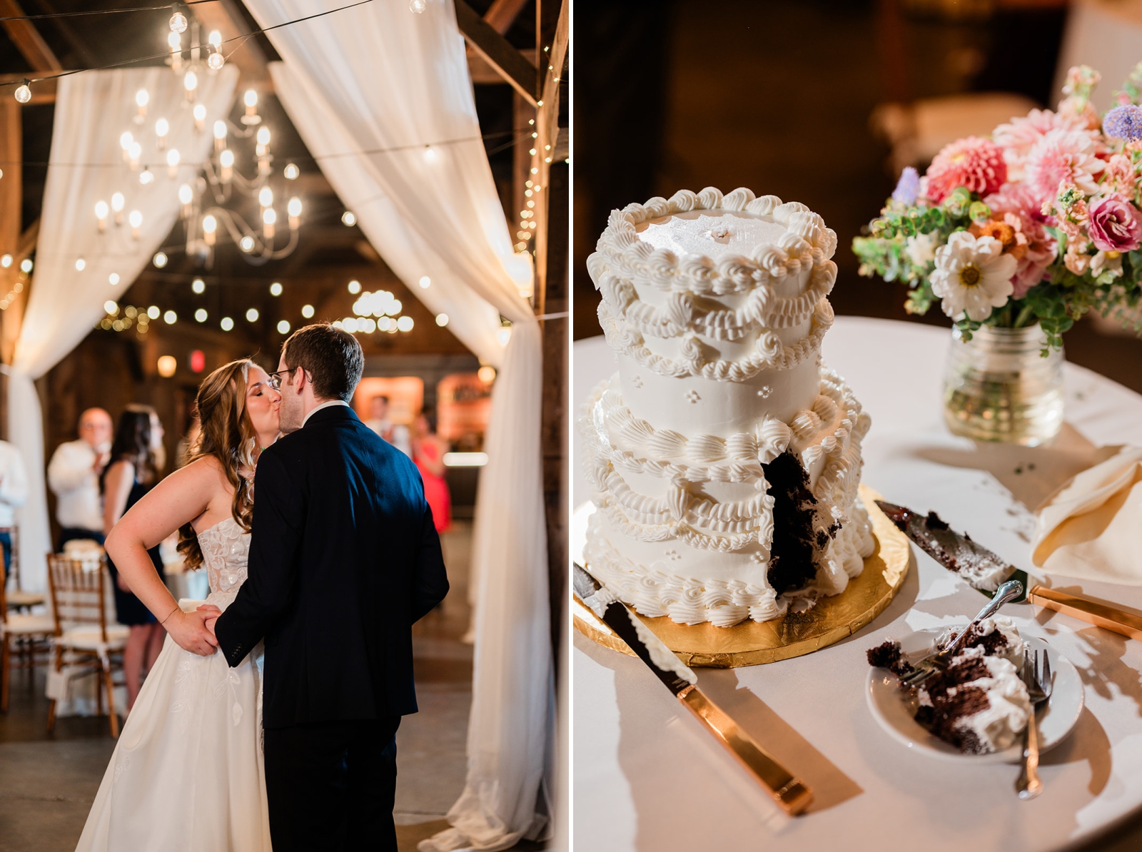 A bride and groom share a first dance dance in the Quonquont Farm barn