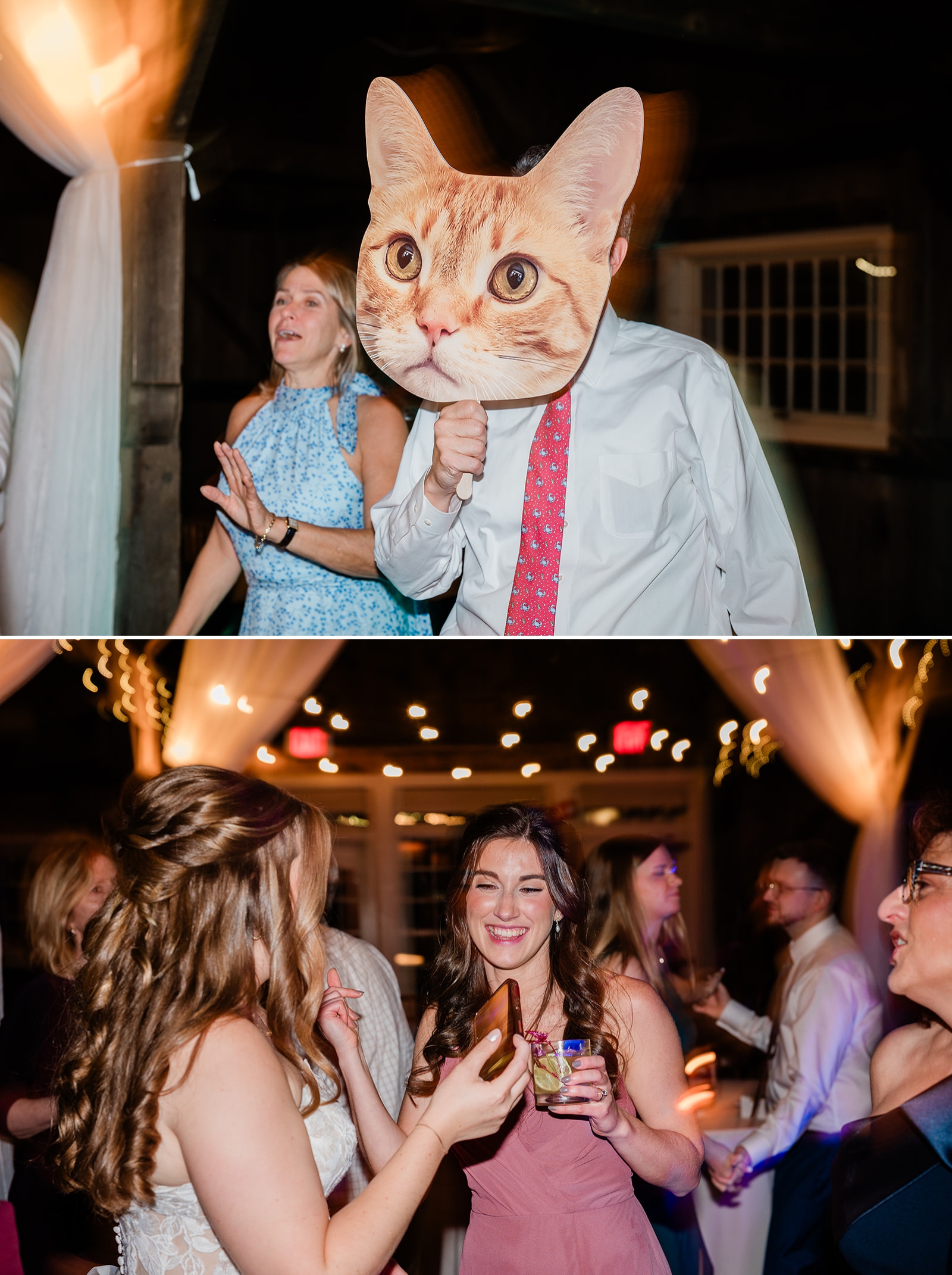 Wedding guests dance, holding a large cut-out of a cat's face