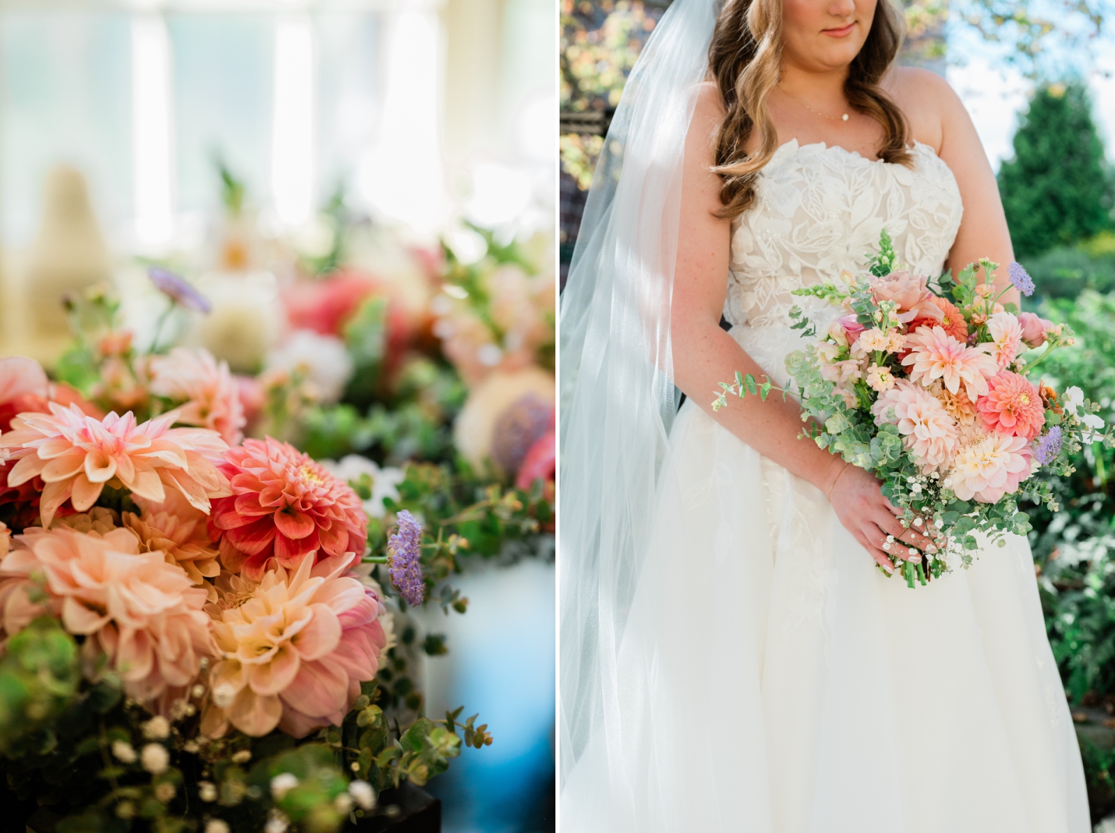 Pastel pink flowers in a fall bridal bouquet designed by Rooted Flowers