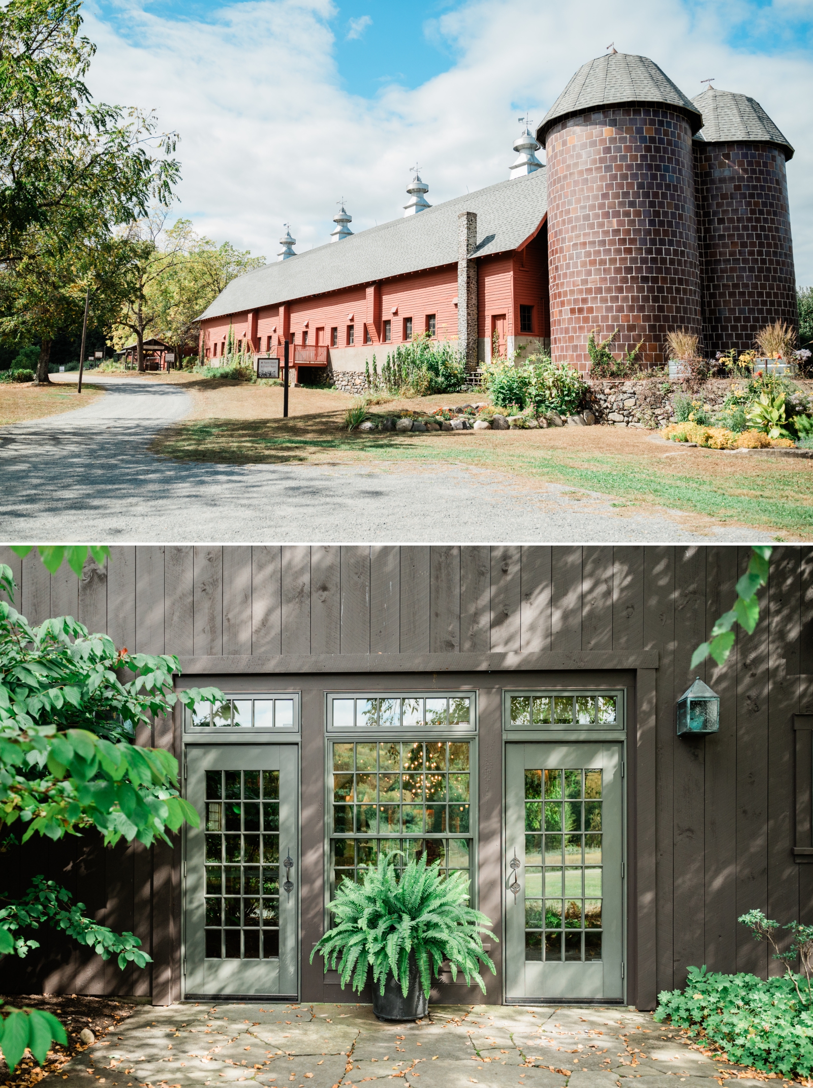 The view of the brick silos and red barn at Quonquont Farm
