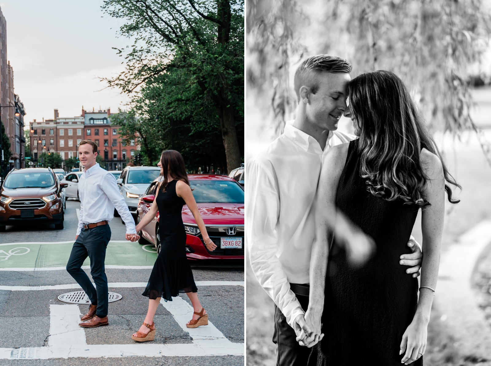 A couple holds hands as they cross the street in Boston, Massachusetts