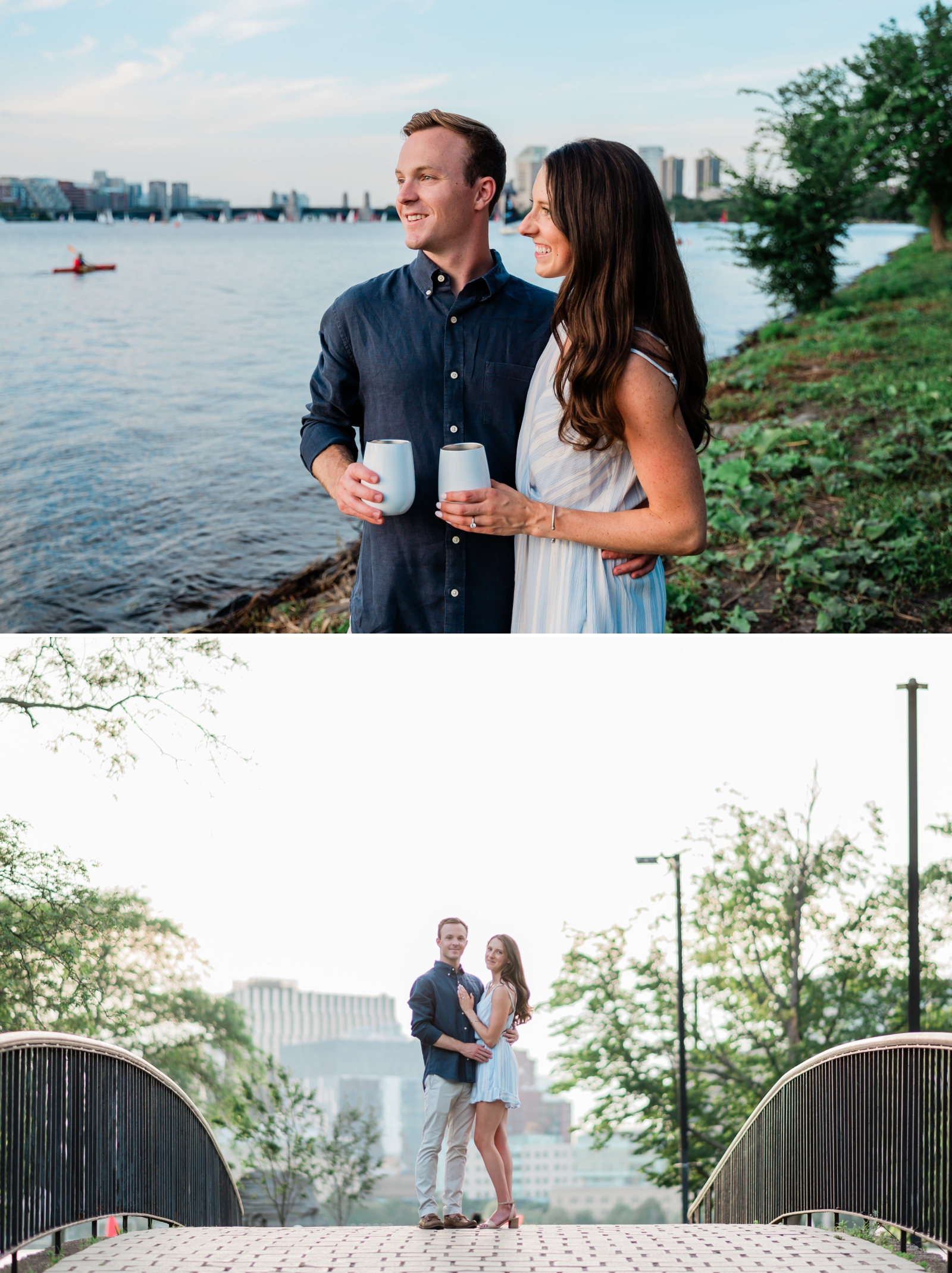 A couple stands in front of the Boston skyline during their engagement photos