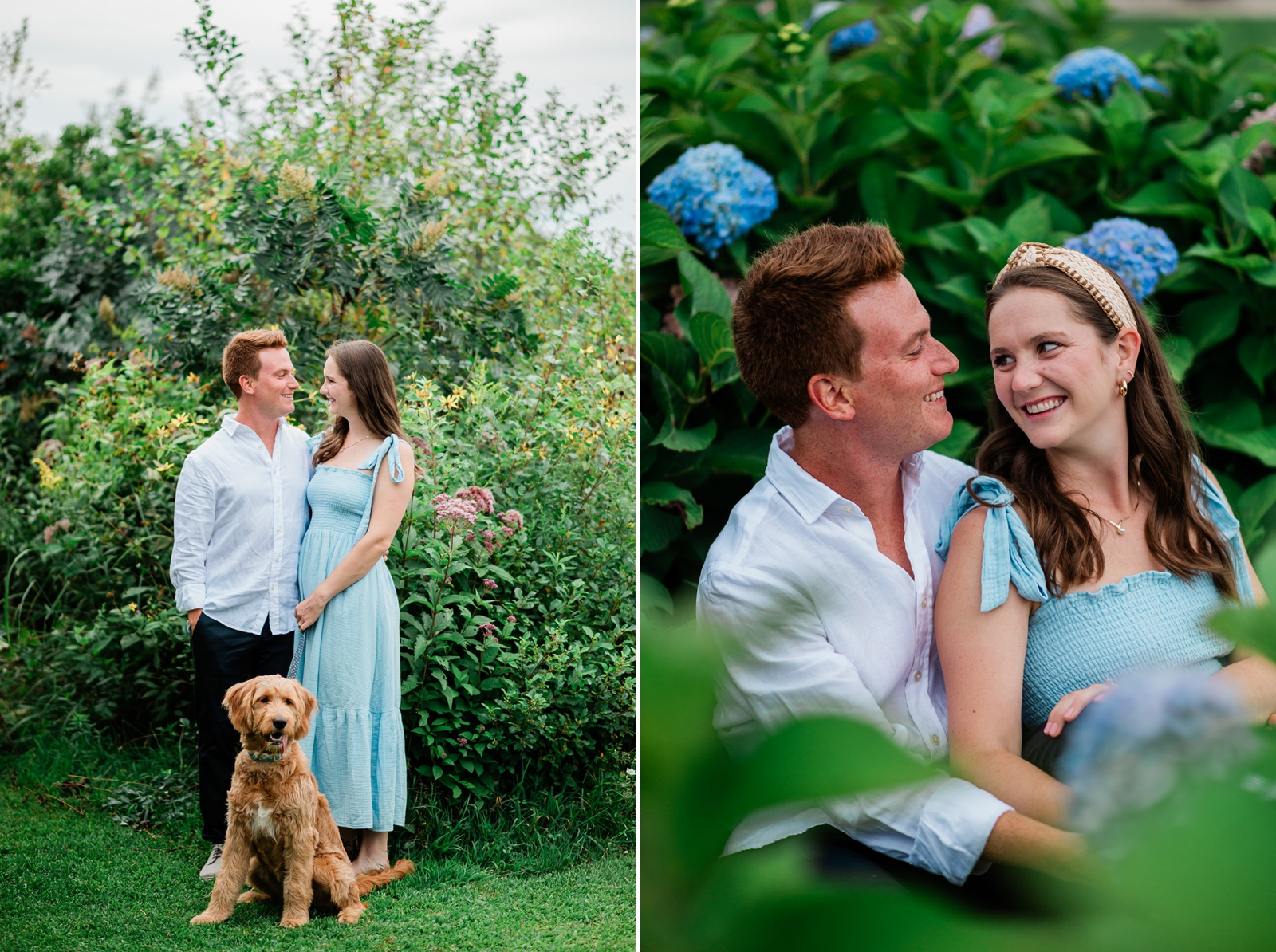 An engaged couple and their dog explore the greenery of Watch Hill 