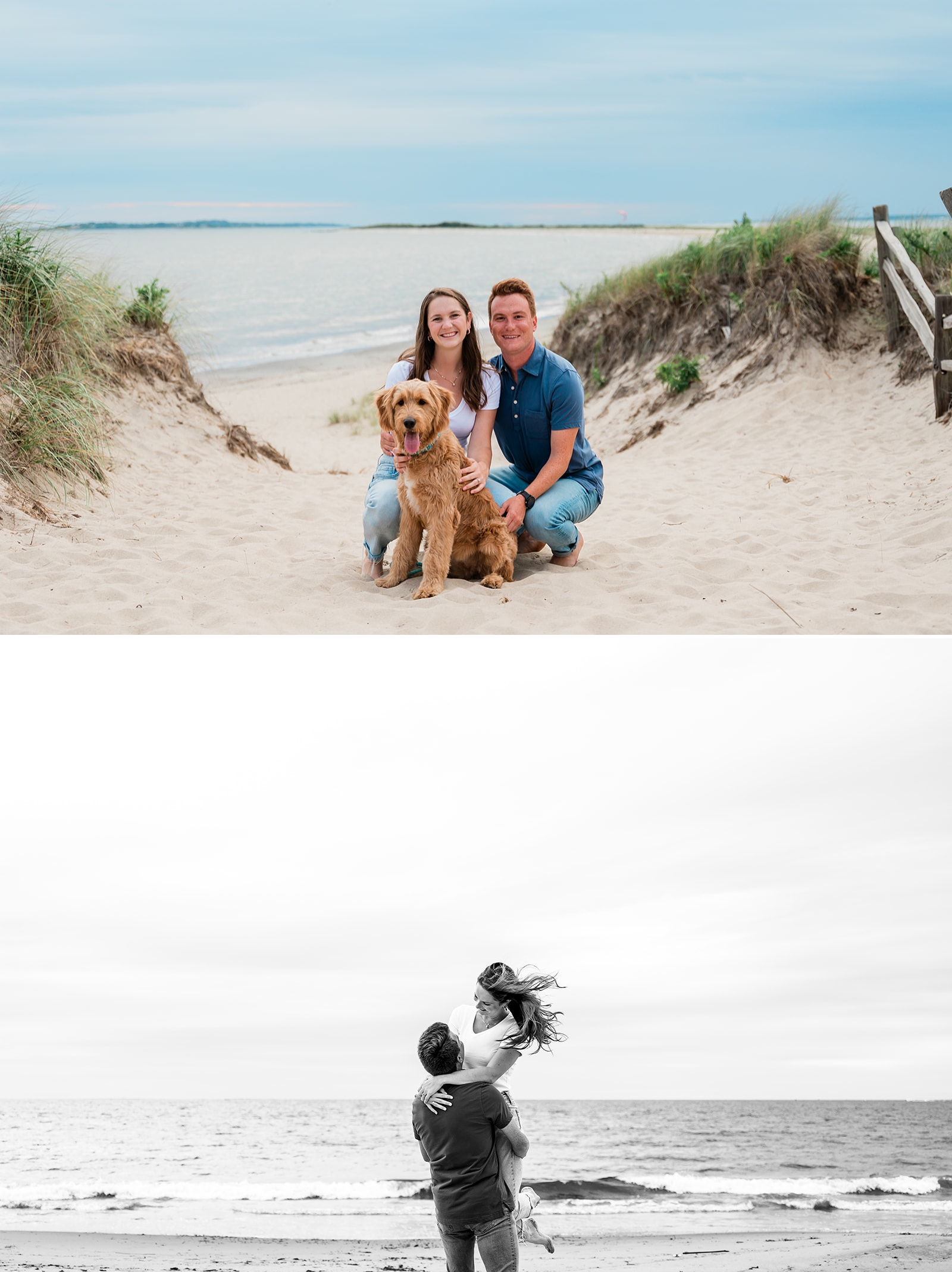 Engagement photos on a beach in Watch Hill, Rhode Island