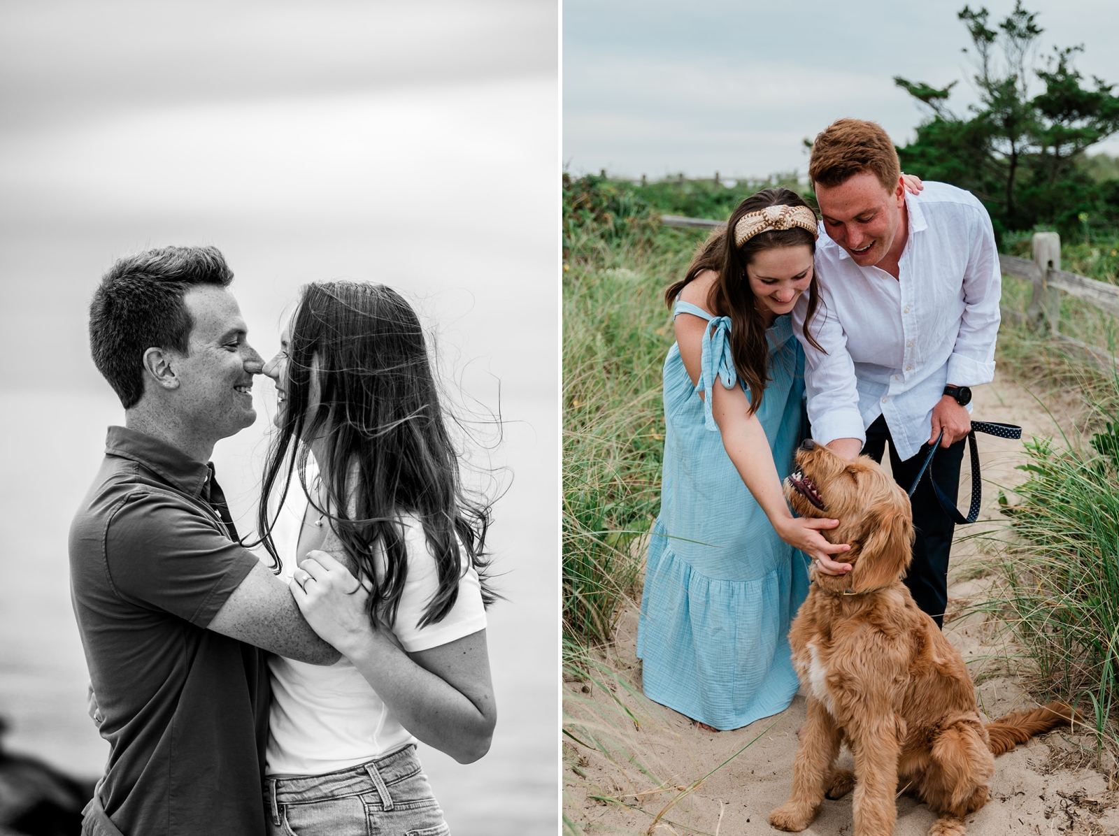 A couple and their dog take engagement photos in Watch Hill, Rhode Island