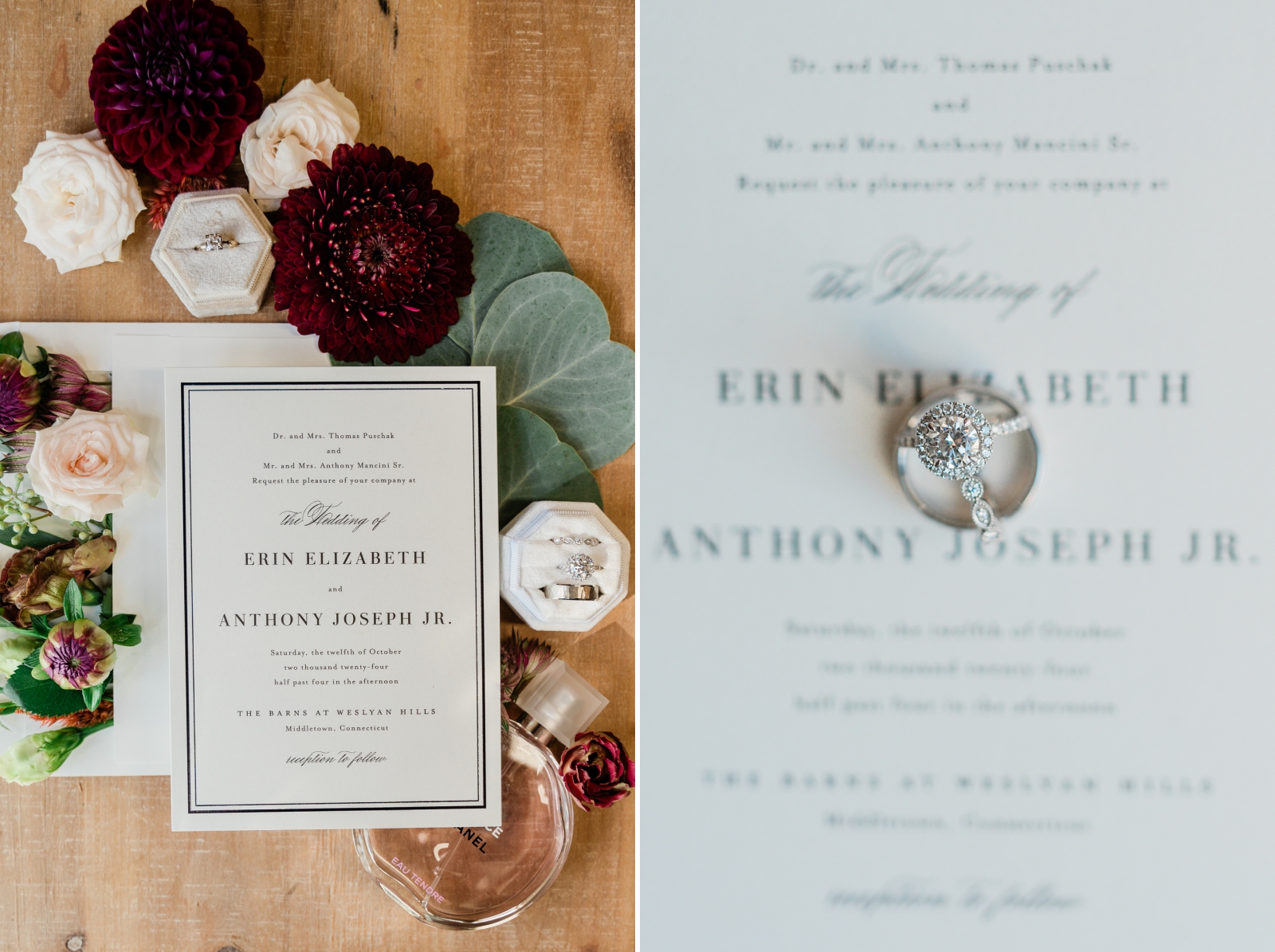 An invitation flat-lay with a wedding heirloom engagement ring