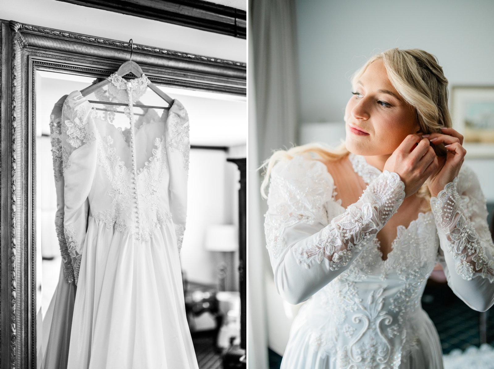 A bride wears a wedding heirloom: her mother's wedding gown