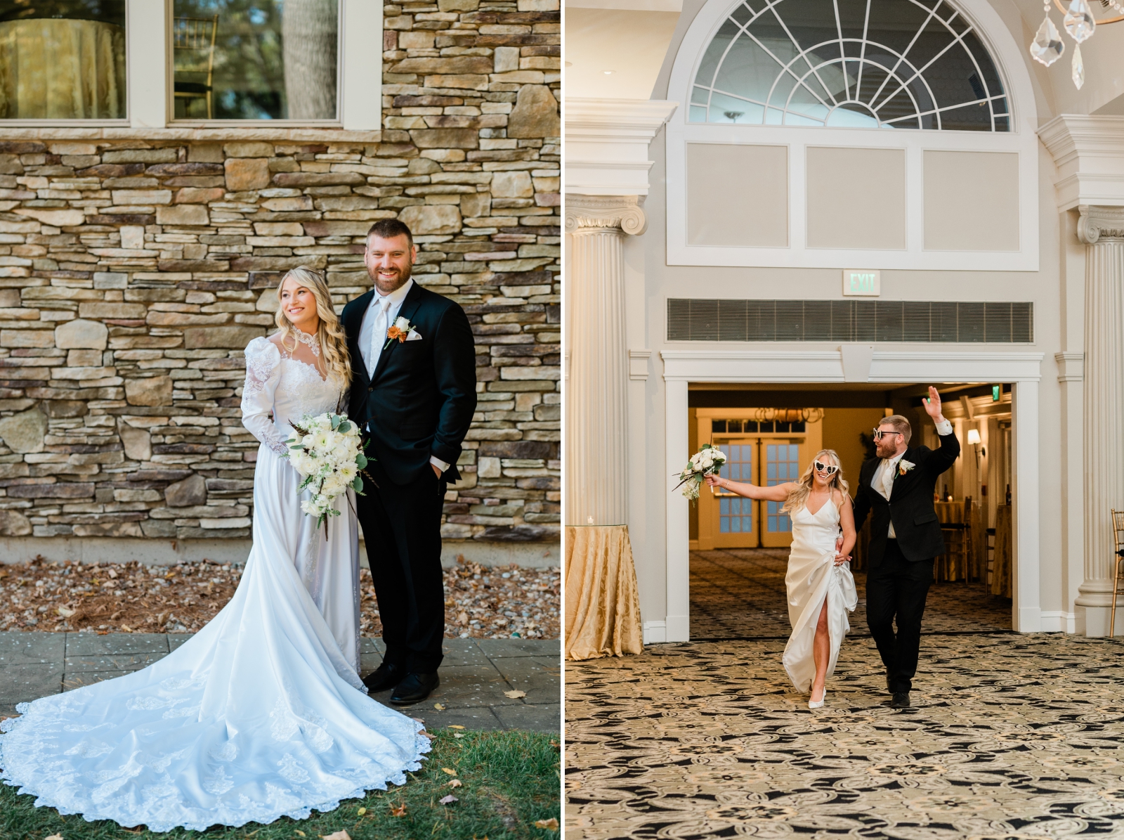 A bride and groom enter their wedding reception wearing sunglasses