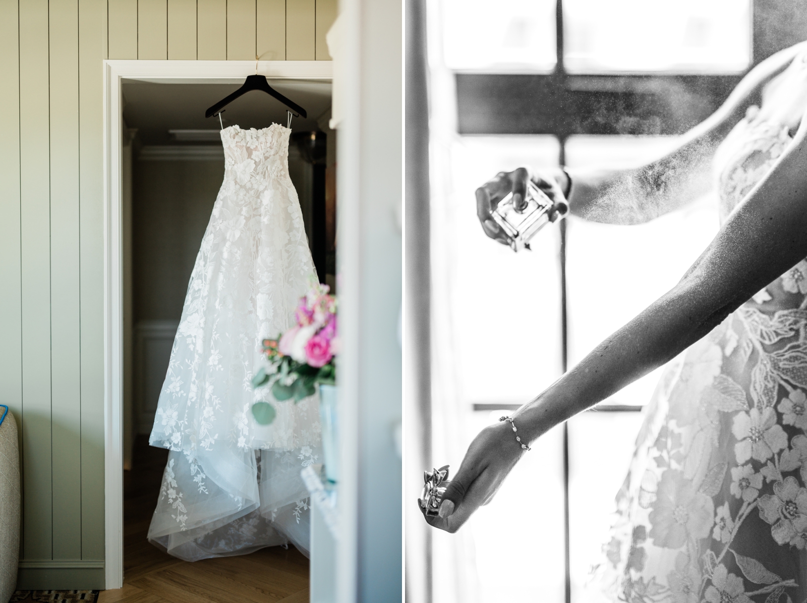 A floral applique wedding dress hangs in a doorway at the Delamar Mystic hotel 