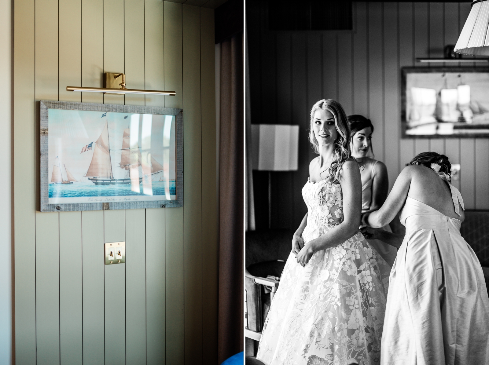 Two bridesmaids help zip up a bride's wedding dress