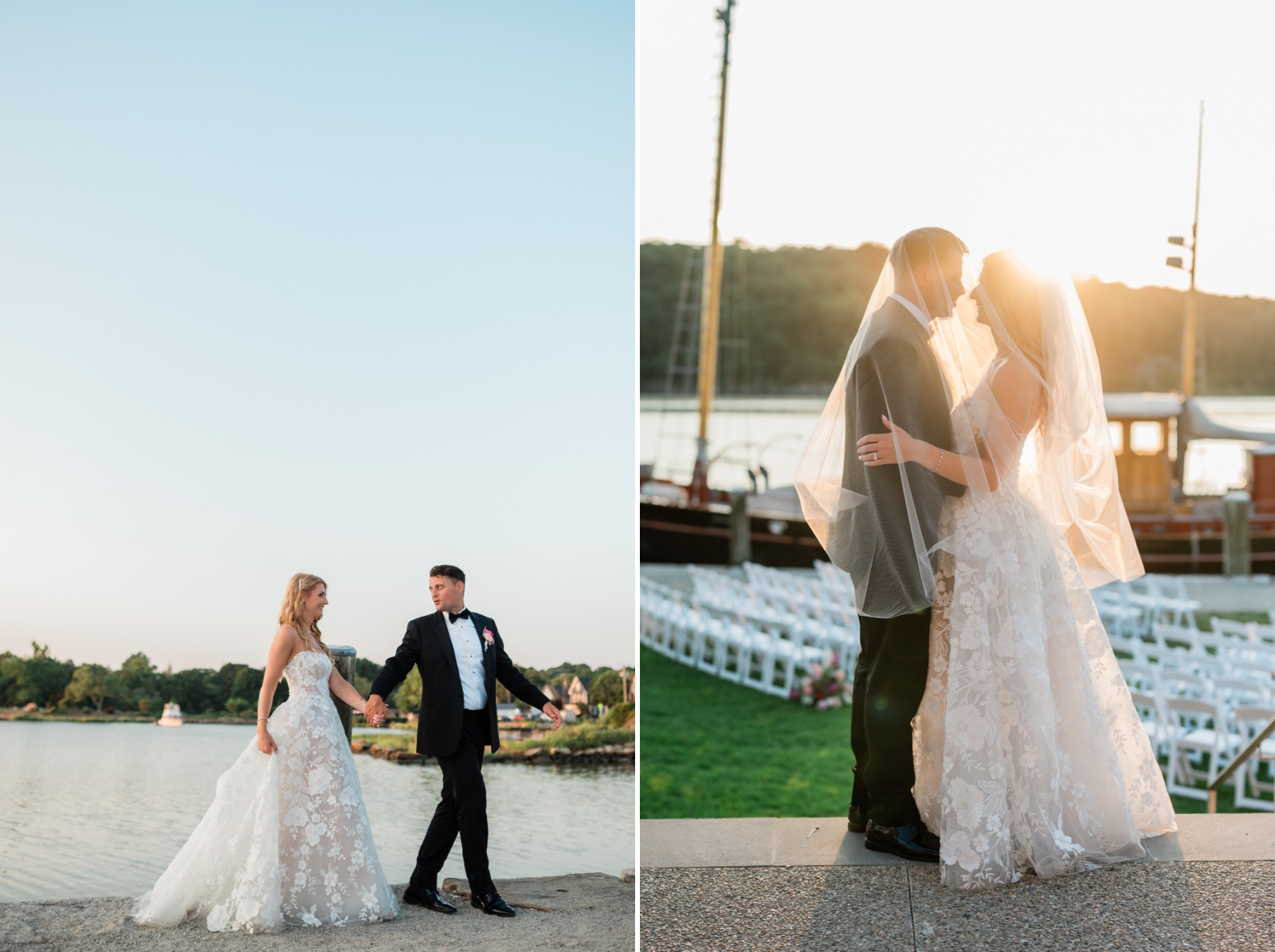 A bride and groom walk along the waterfront in Mystic, Connecticut 