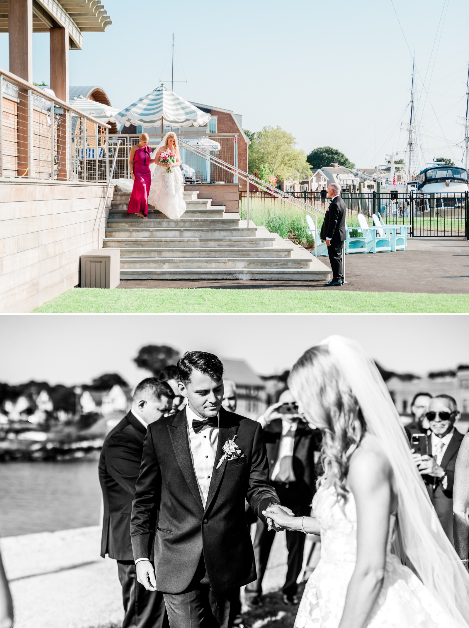 A bride walks down the staircase outside the Delanar Mystic to the aisle