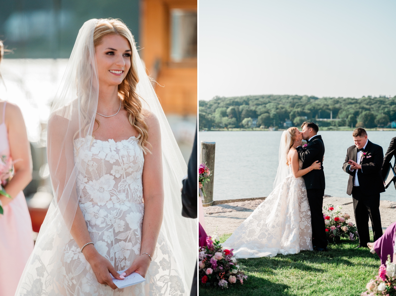 A bride and groom kiss at the end of their wedding ceremony