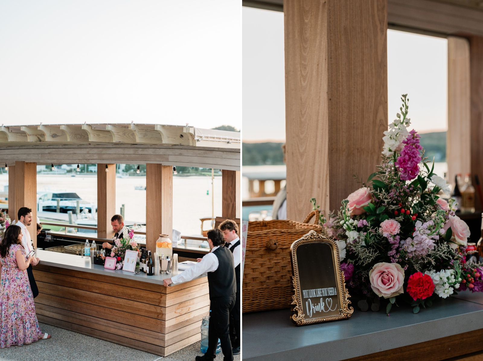 A bar station on the waterfront patio of the Delamar Mystic 