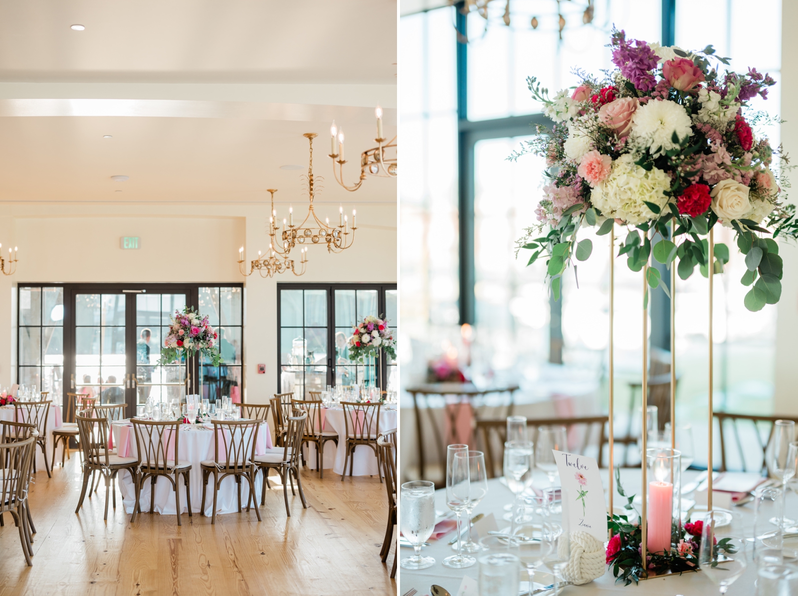 The ballroom at the Delamar Mystic set up for a wedding reception