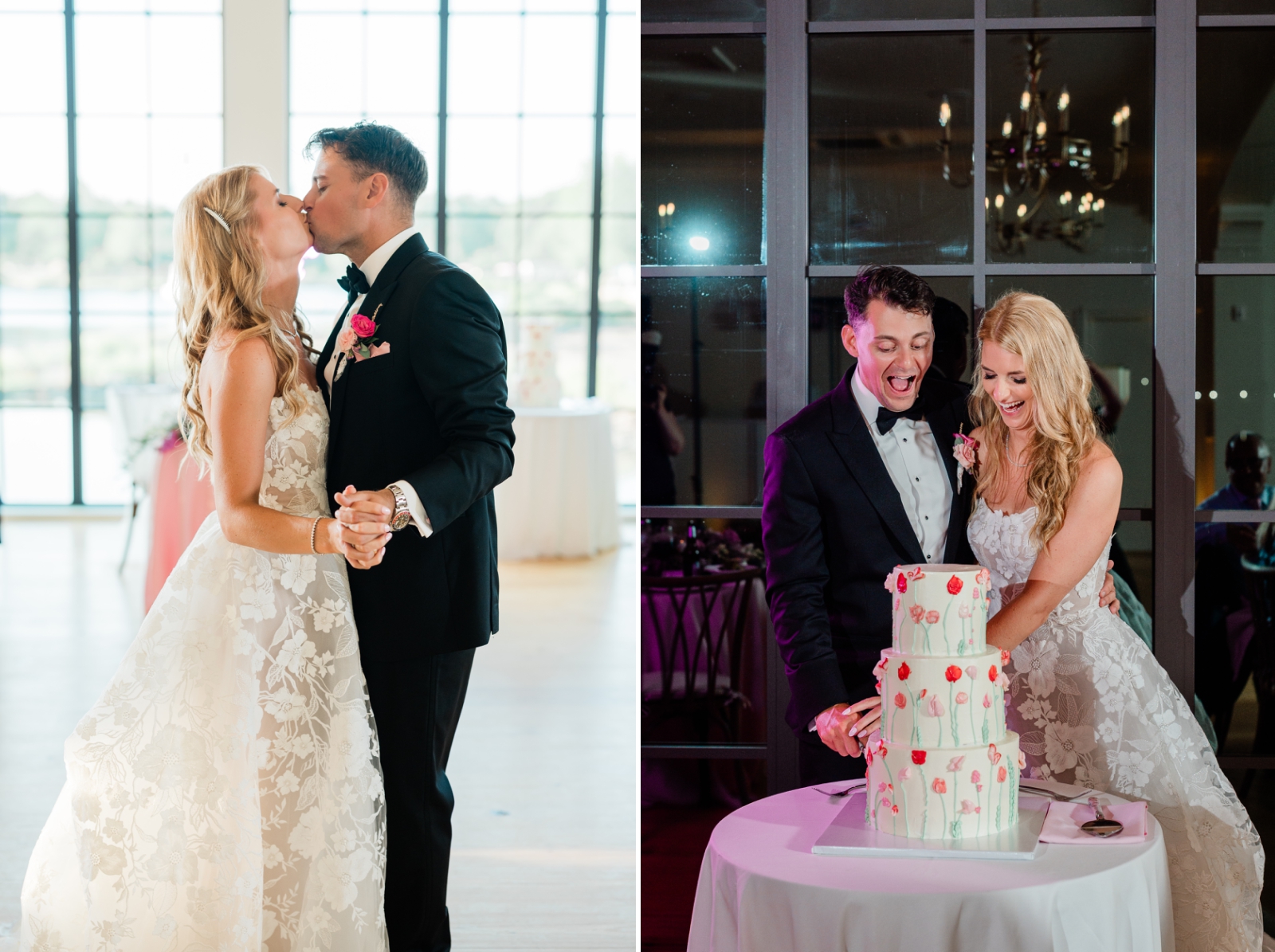 A bride and groom cut a three-tiered wedding cake decorated with flowers 