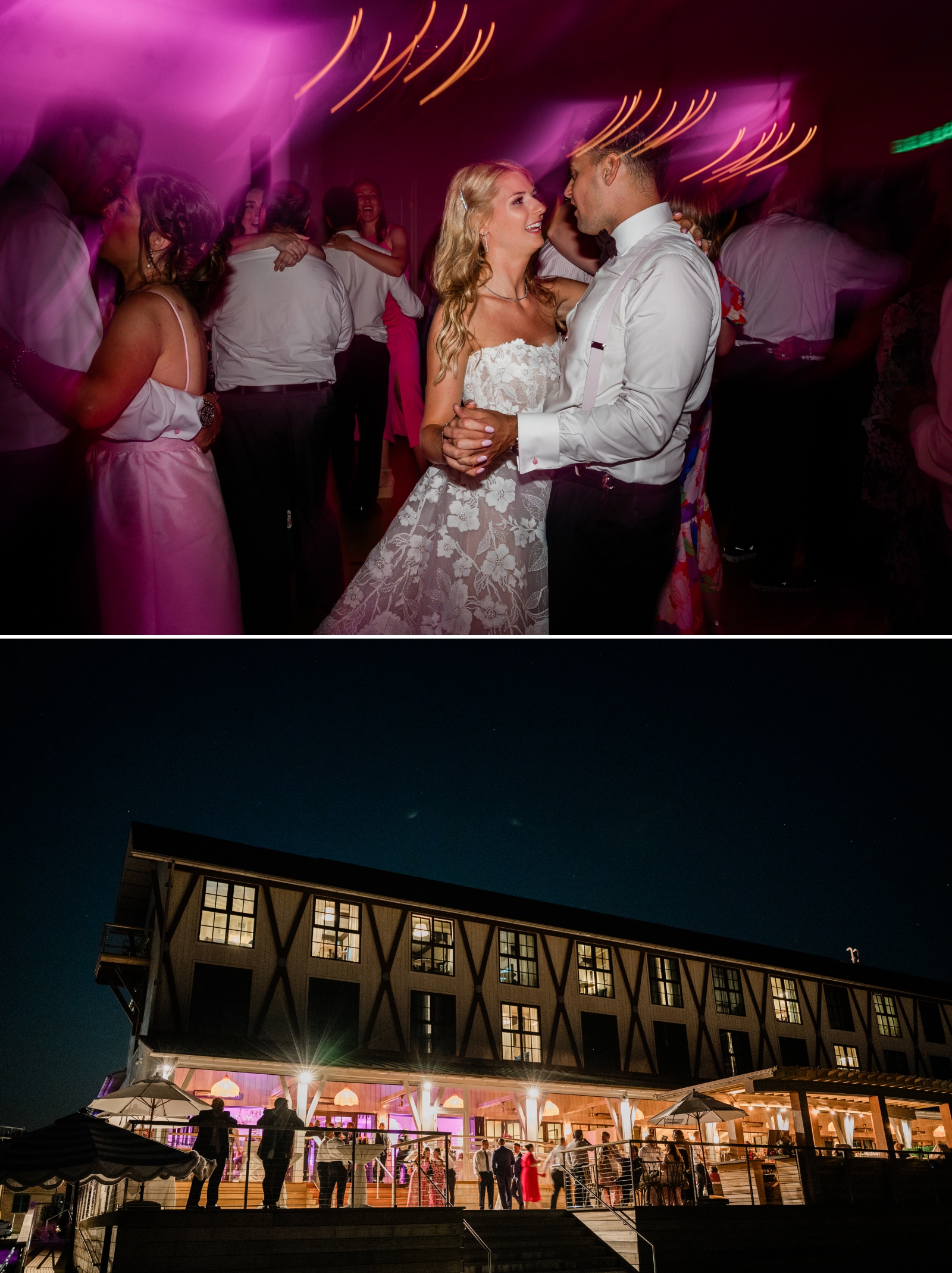 A nighttime view of the Delamar Mystic lit up during a wedding reception