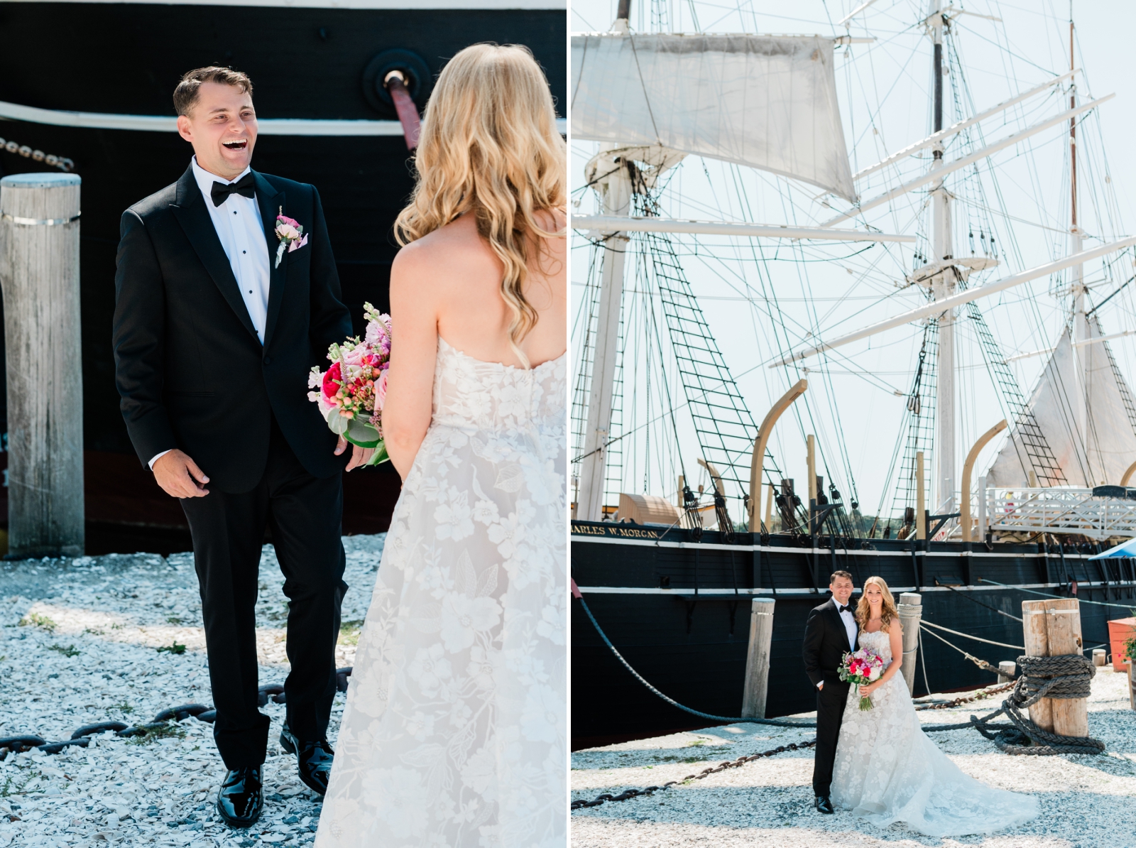 A bride and groom share their first look in front of a large charter boat at the Mystic Seaport