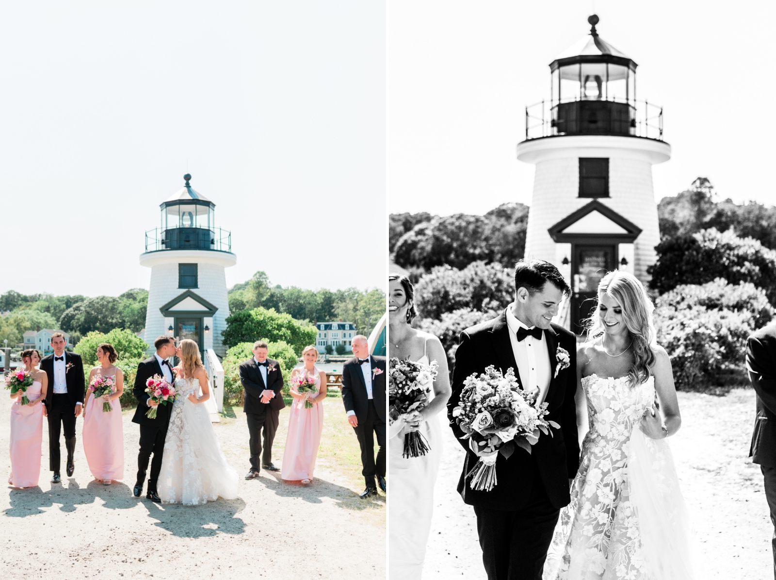 A bridal party walks in front of the short white lighthouse at the Mystic Seaport