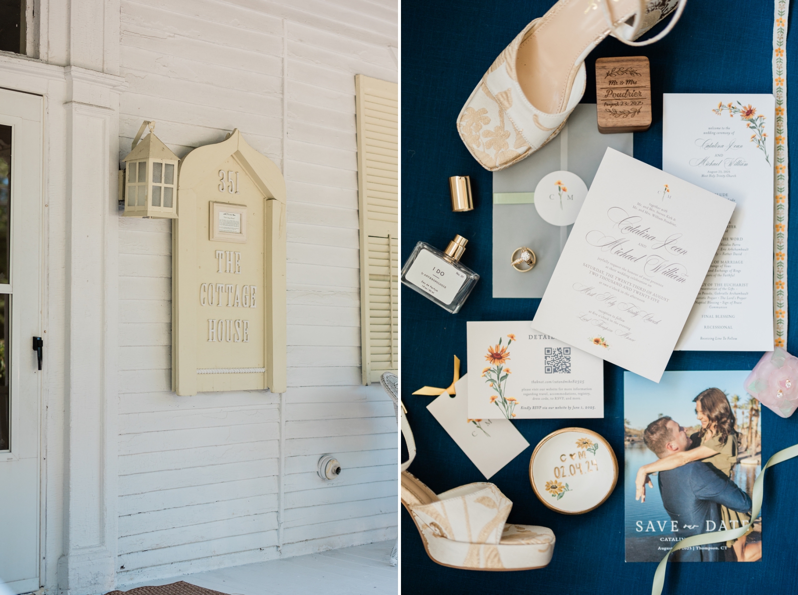 A flat-lay on a navy blue background of a wedding invitation, rings, perfume, and shoes