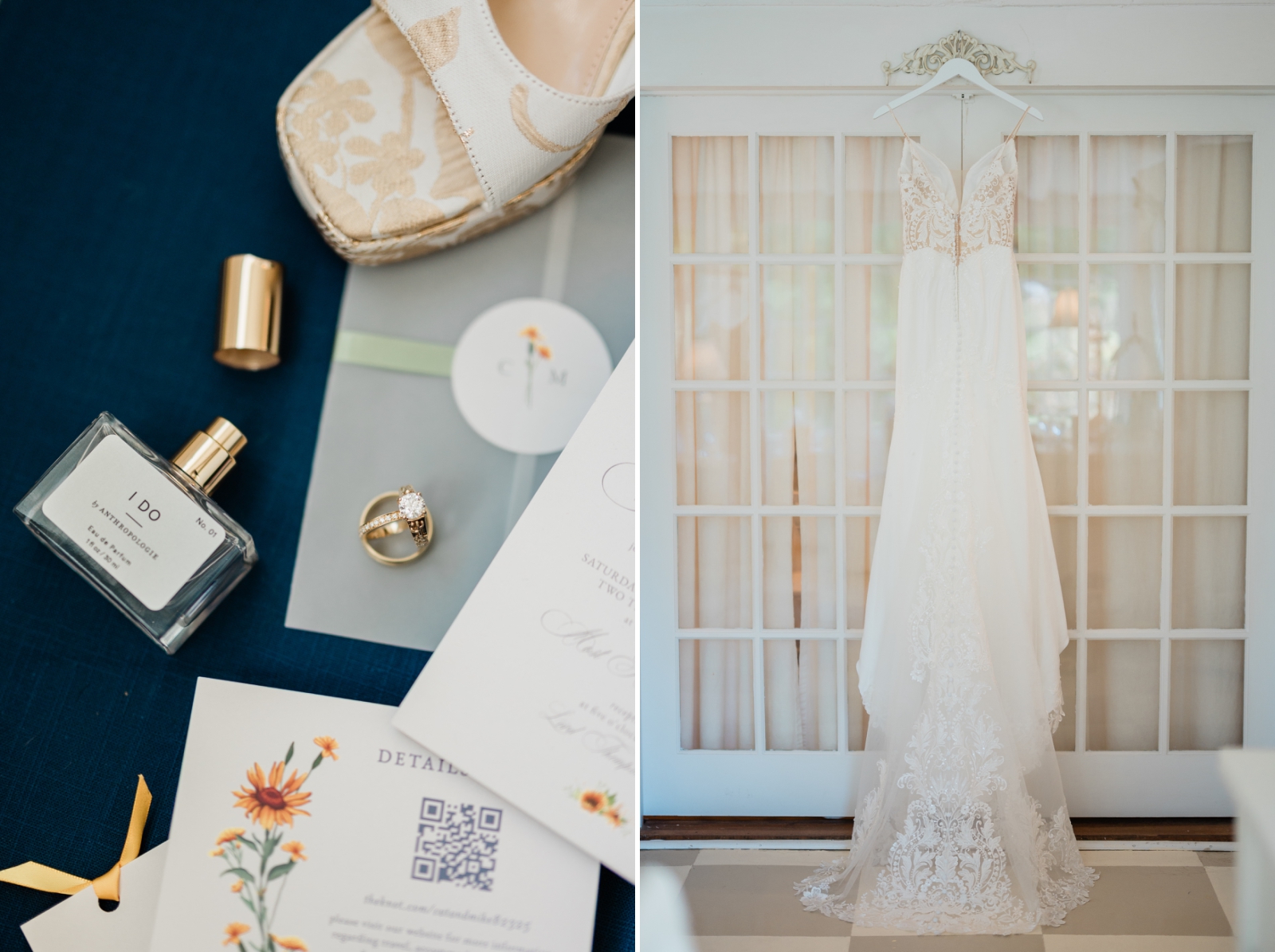 A wedding dress with a long lace train hangs in a doorway at the Lord Thompson Manor
