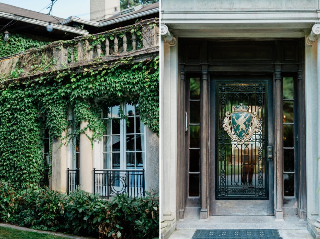 The vine-covered balcony and pillars of the Lord Thompson Manor 