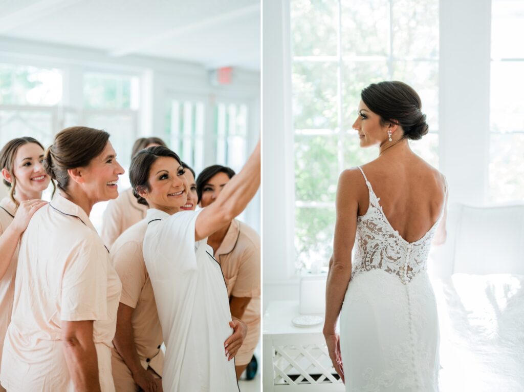 A bride takes a selfie with her bridesmaids while getting ready for her wedding ceremony