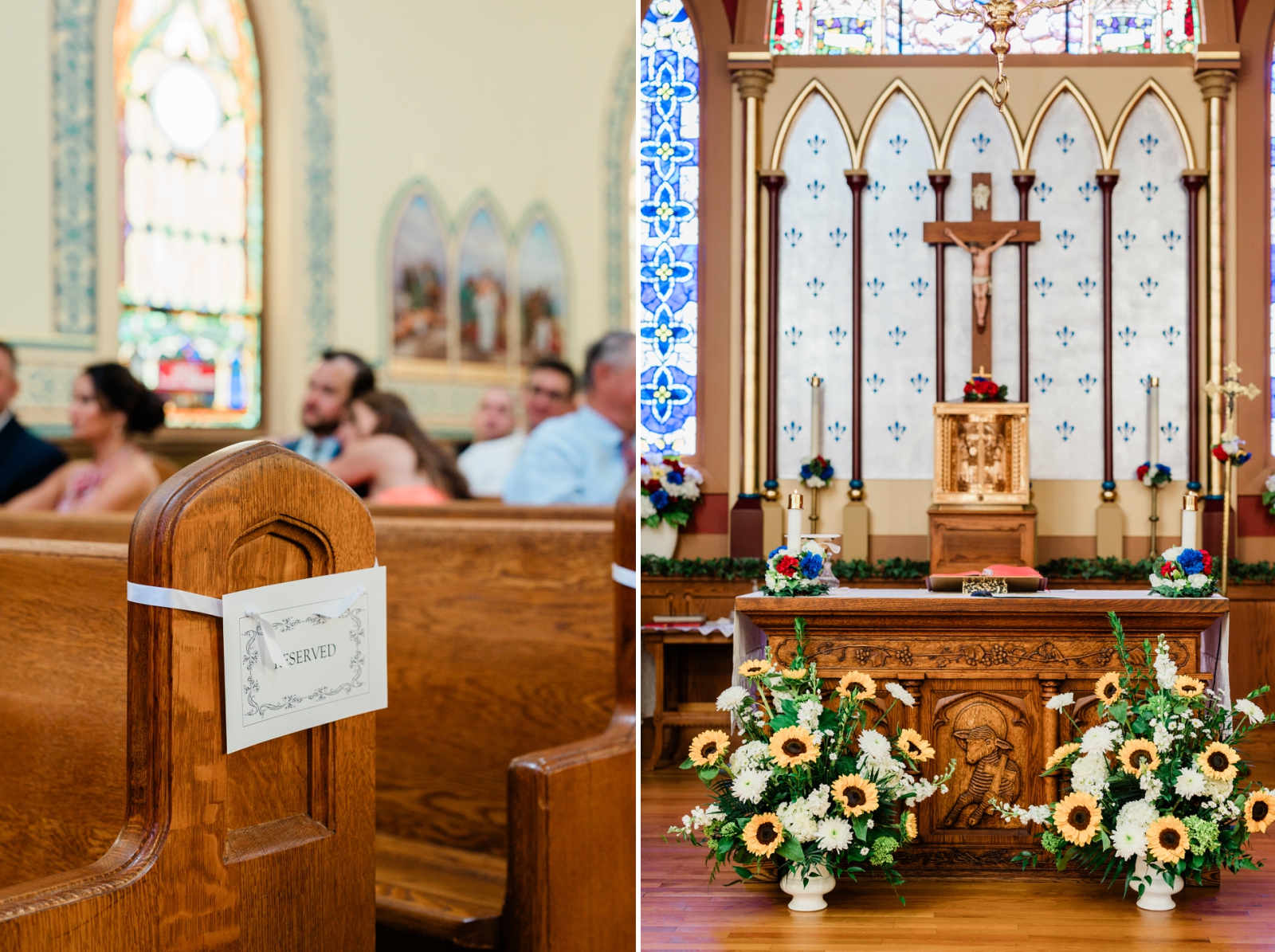 Sunflower arrangements flanking a catholic altar before a wedding mass 