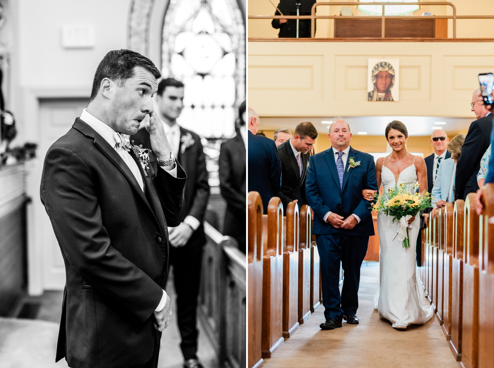 A black and white photo of a groom crying as the bride walks down the aisle with her father