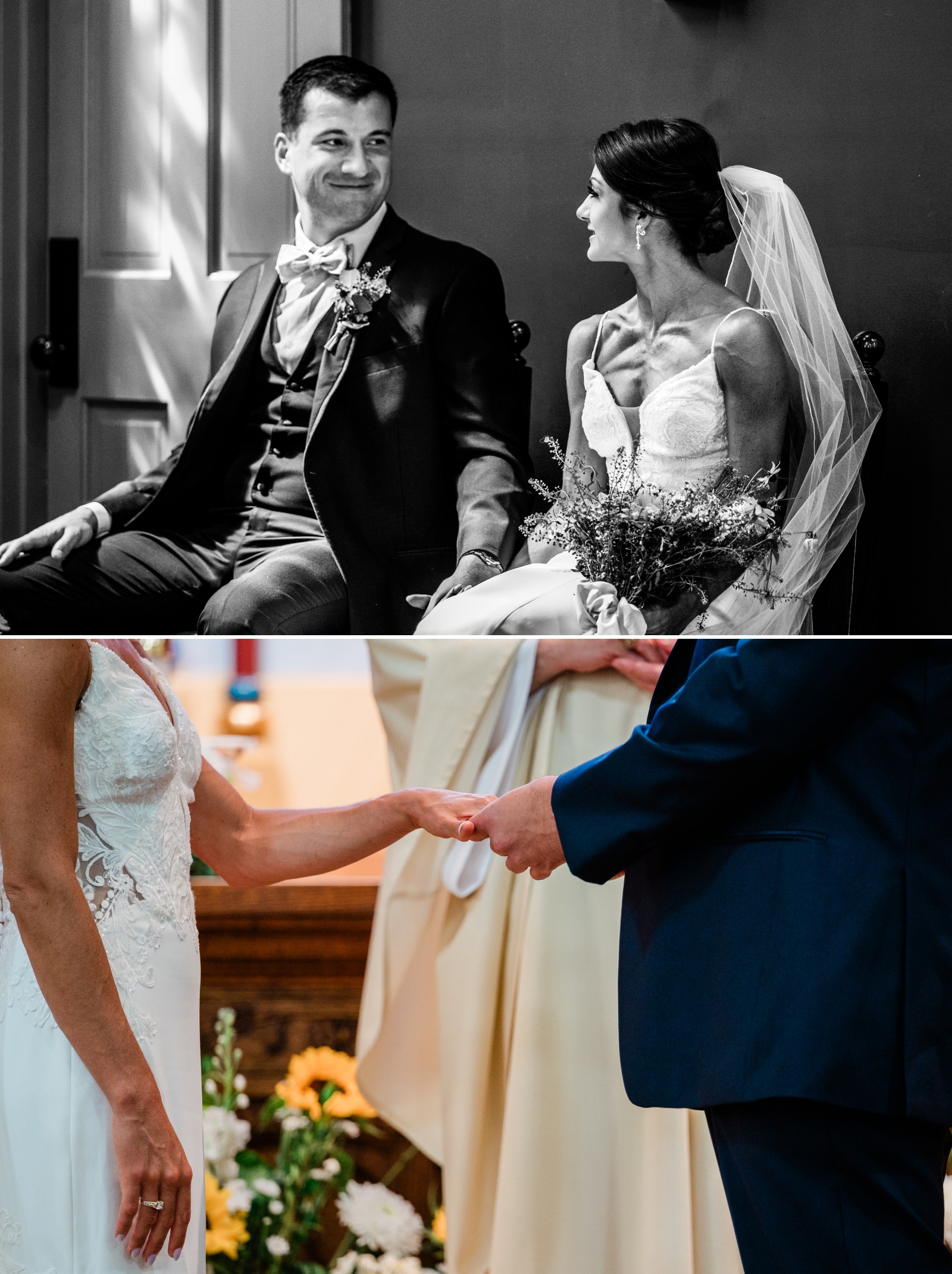 A bride and groom exchange rings during their traditional Catholic wedding ceremony 